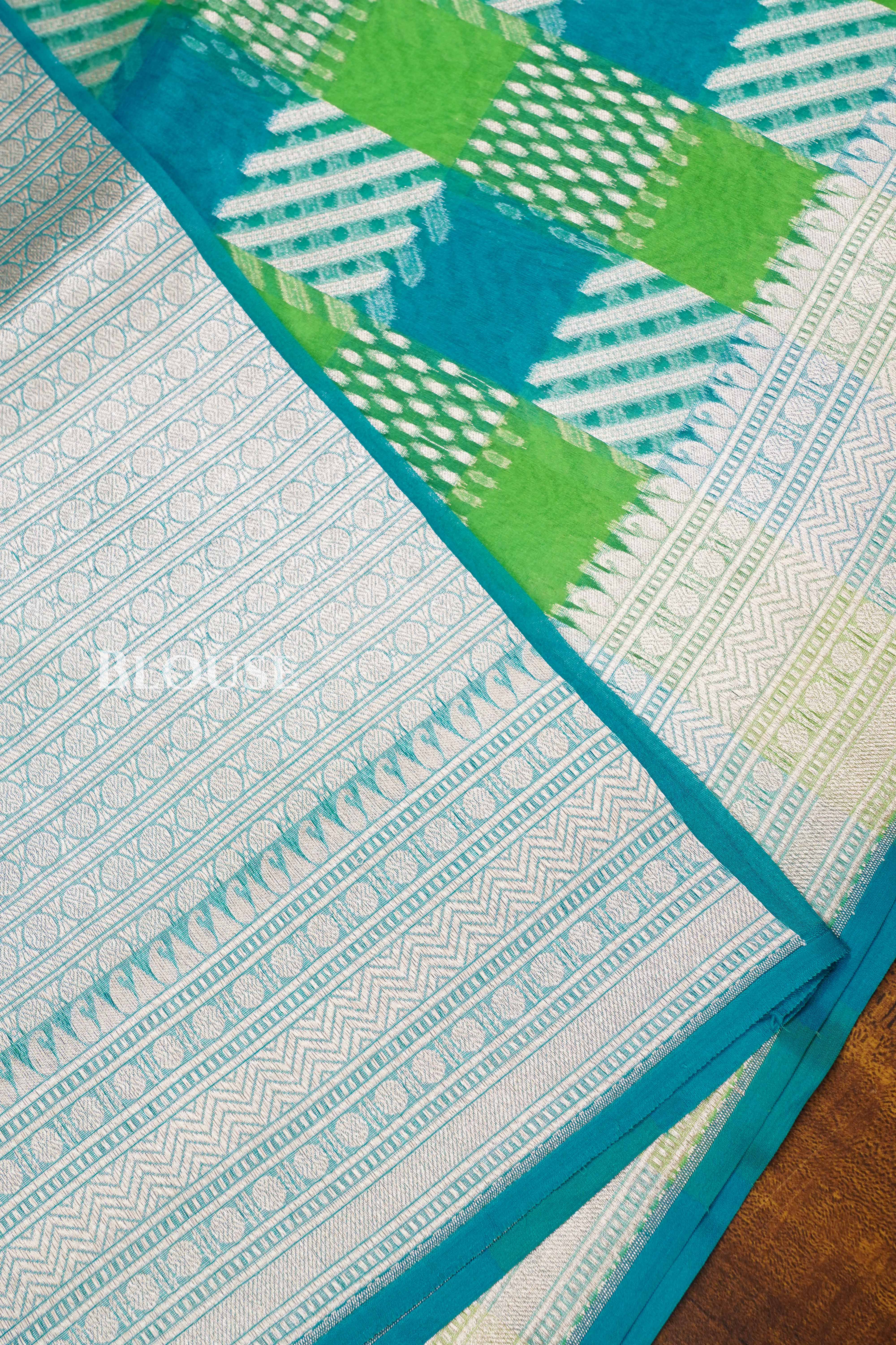 Blue And Green Banarasi Organza Silk Saree