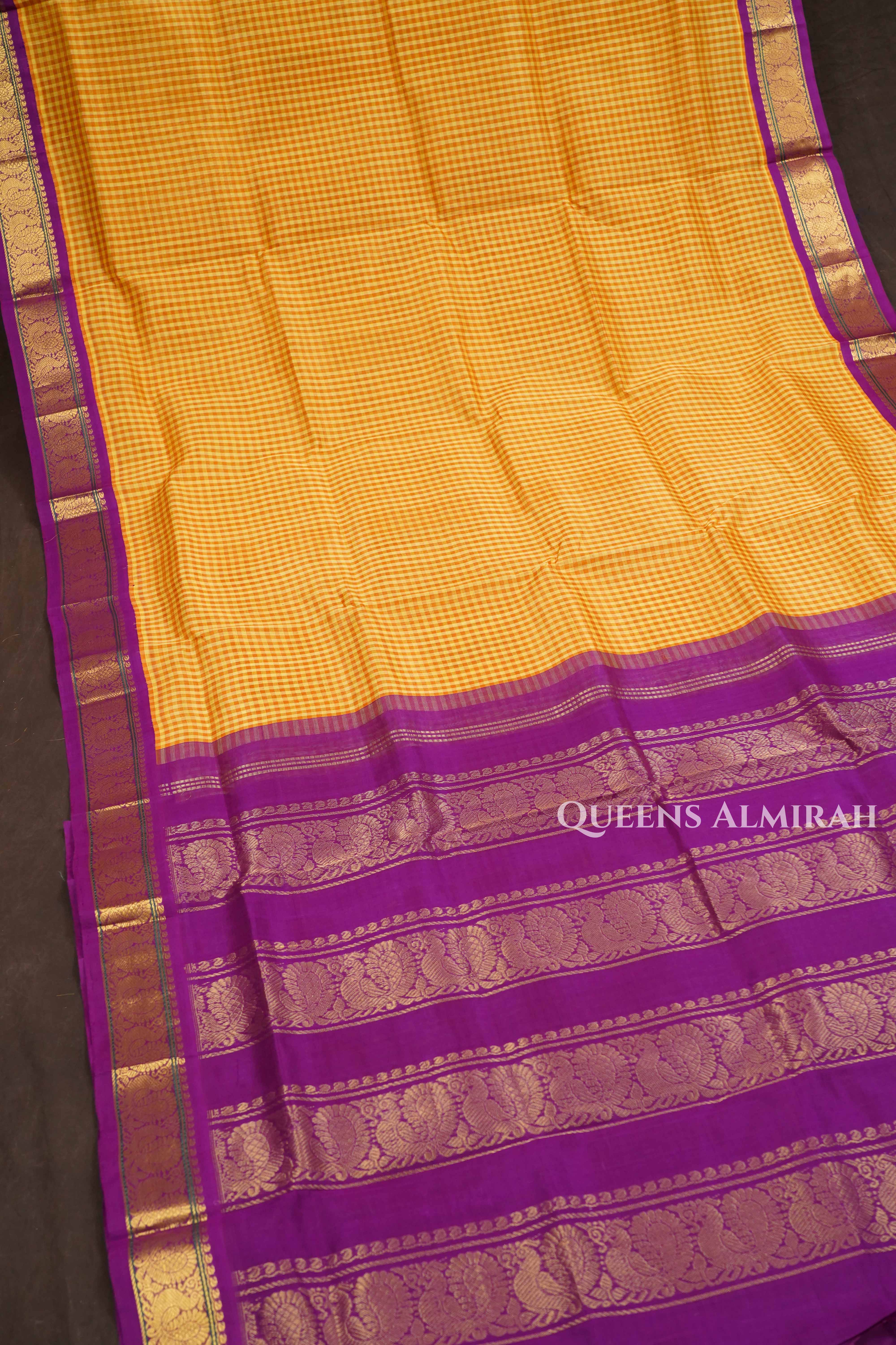 Yellow Checks With Purple Pure Silk Cotton Saree