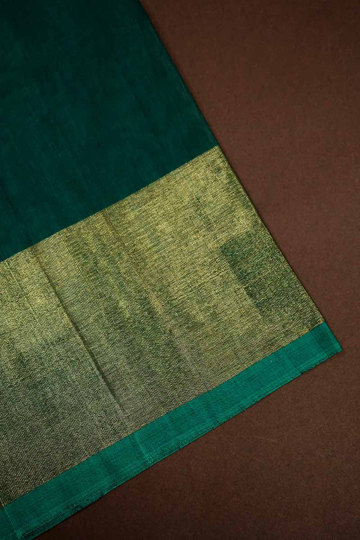 PURE SILK COTTON SAREE - TEAL GREEN WITH LEAF GREEN - Queens Jewel Emporium