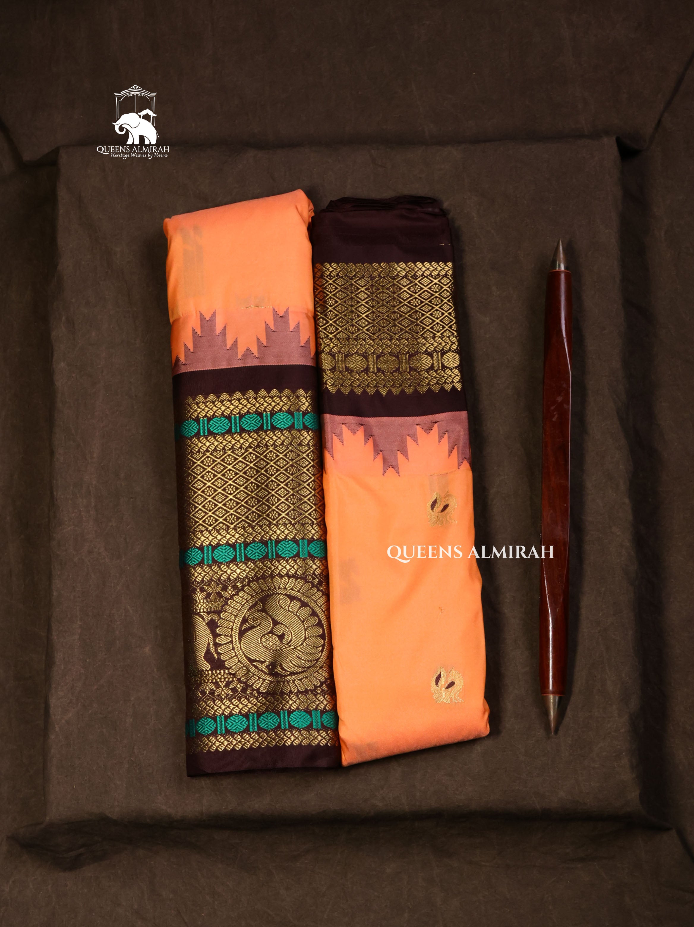 Peach With Brown Semi Gadwal Silk Saree
