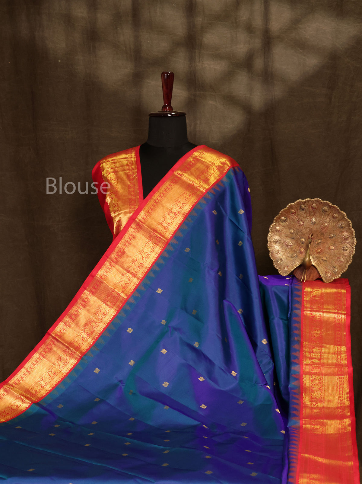 Peacock Blue With Red Pure Kanchivaram Silk Saree