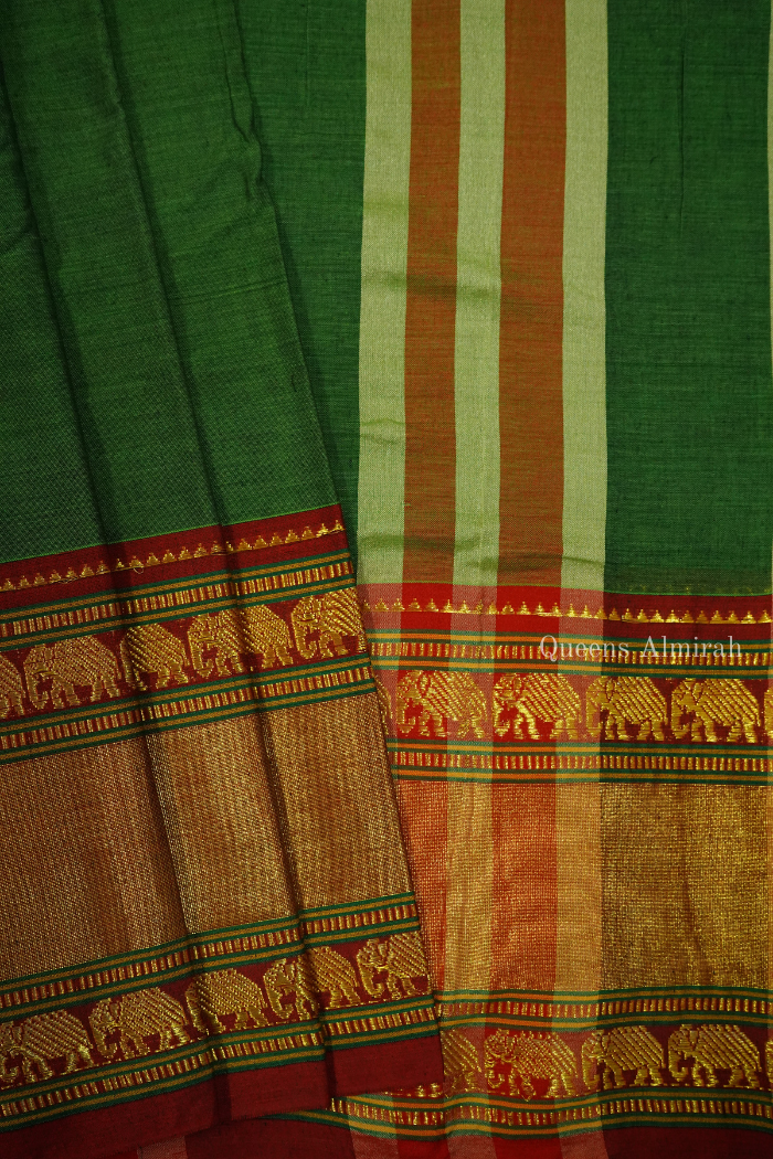 MOSS GREEN WITH RED BORDER NARAYANPET COTTON SAREE - Queens Jewel Emporium