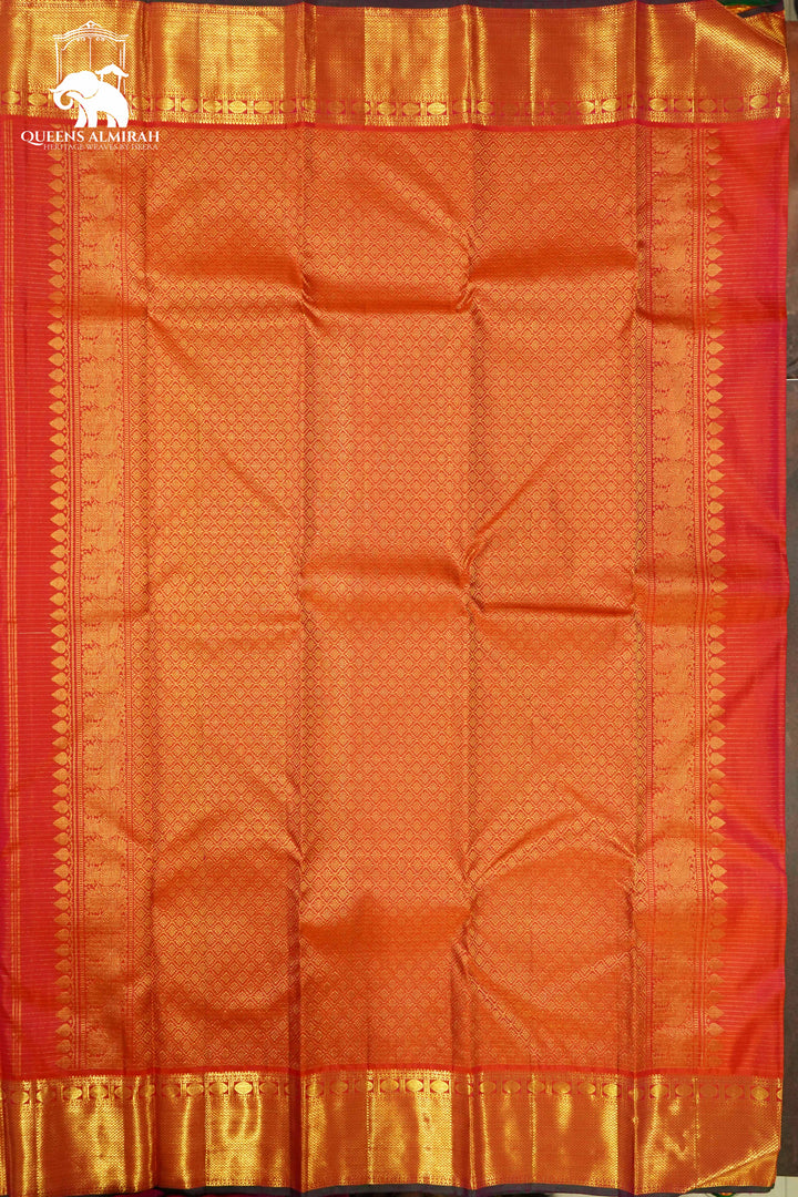 PINKISH ORANGE WITH WOVEN BORDER KANCHIVARAM SILK SAREE - Queens Jewel Emporium