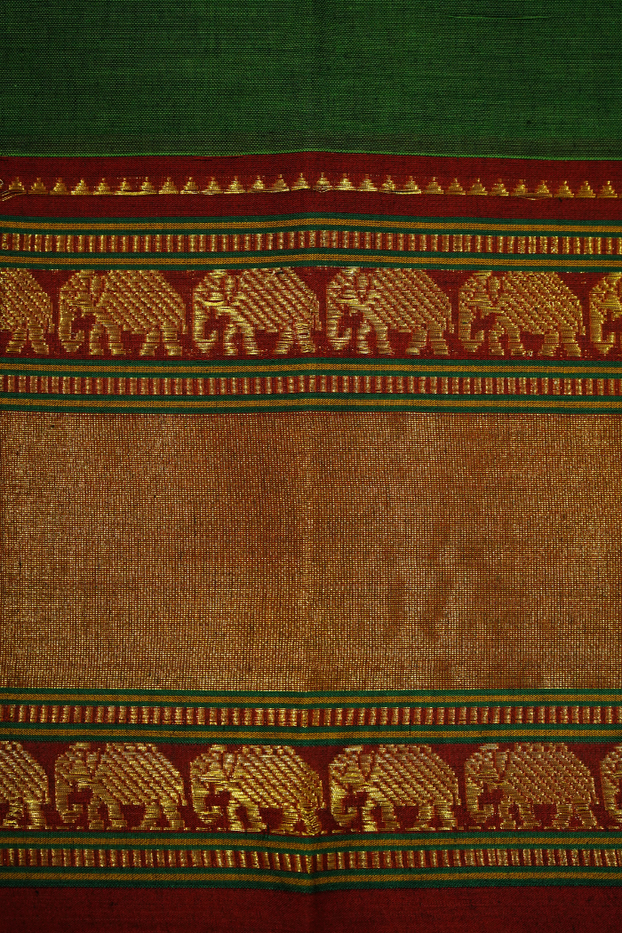 MOSS GREEN WITH RED BORDER NARAYANPET COTTON SAREE - Queens Jewel Emporium