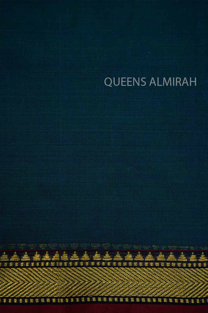 OCEAN BLUE WITH BURGUNDY THIN BORDER  NARAYANPET COTTON SAREE - Queens Jewel Emporium