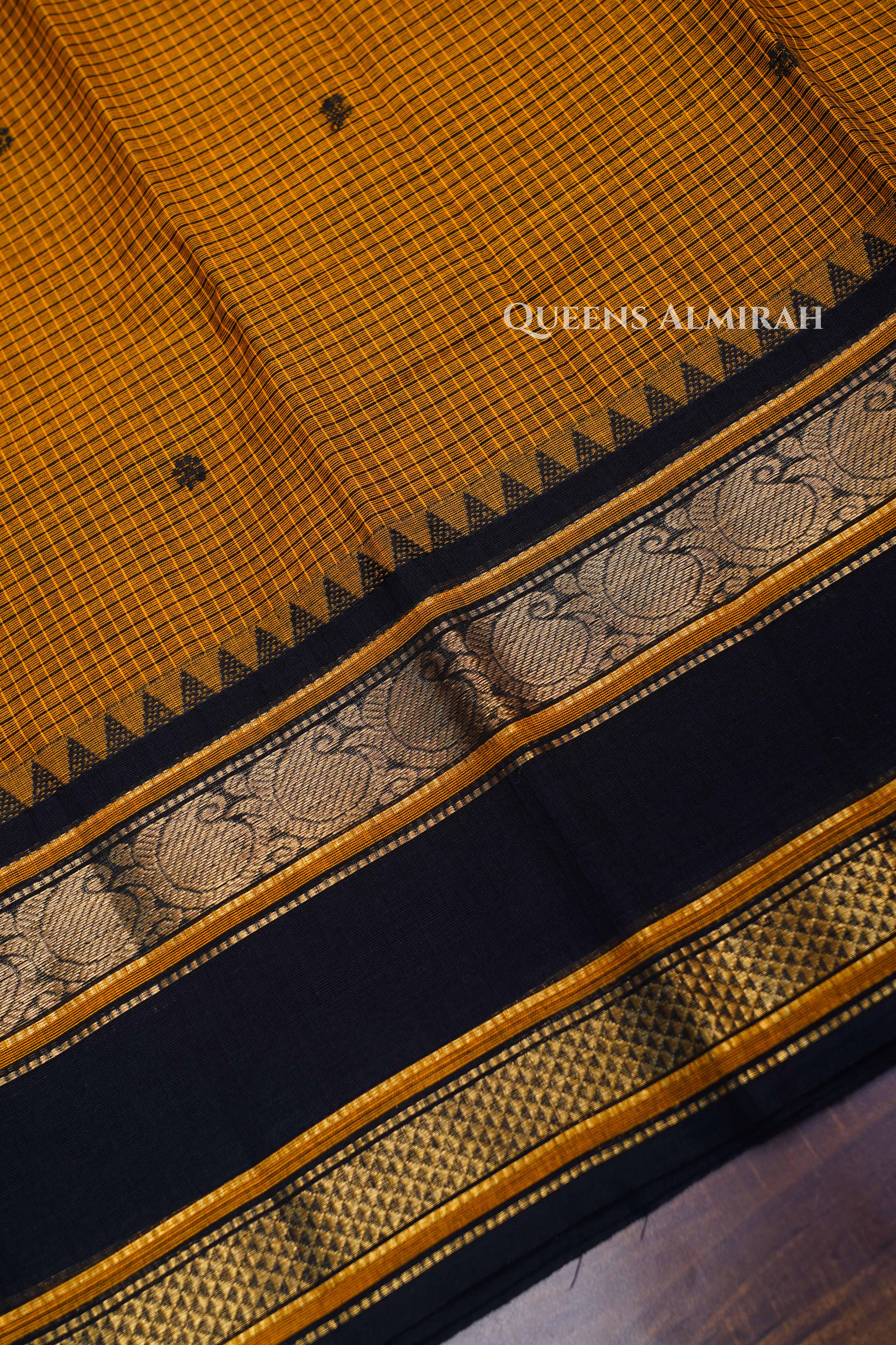 Mustard Yellow With Black Kanchi Cotton Saree