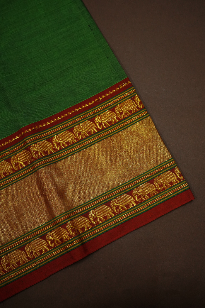 MOSS GREEN WITH RED BORDER NARAYANPET COTTON SAREE - Queens Jewel Emporium