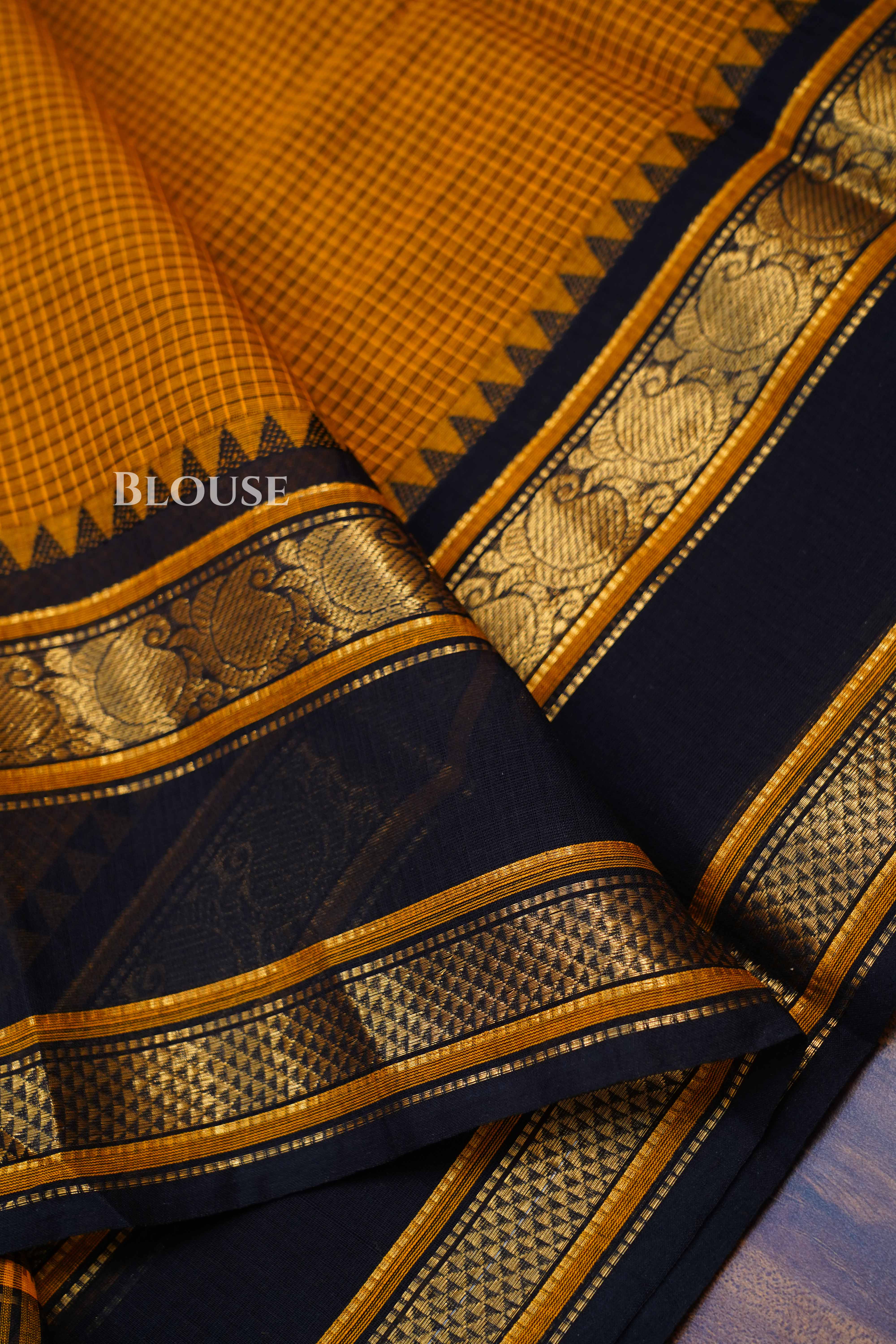 Mustard Yellow With Black Kanchi Cotton Saree