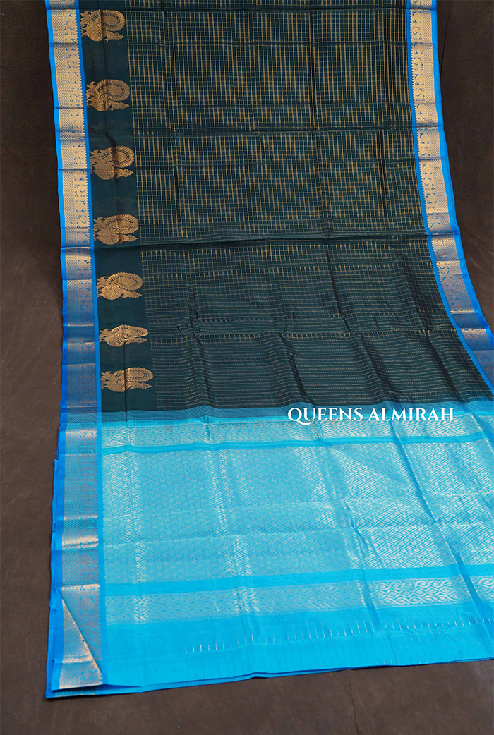 Dark Green Kattam With Blue Pure Silk Cotton Saree