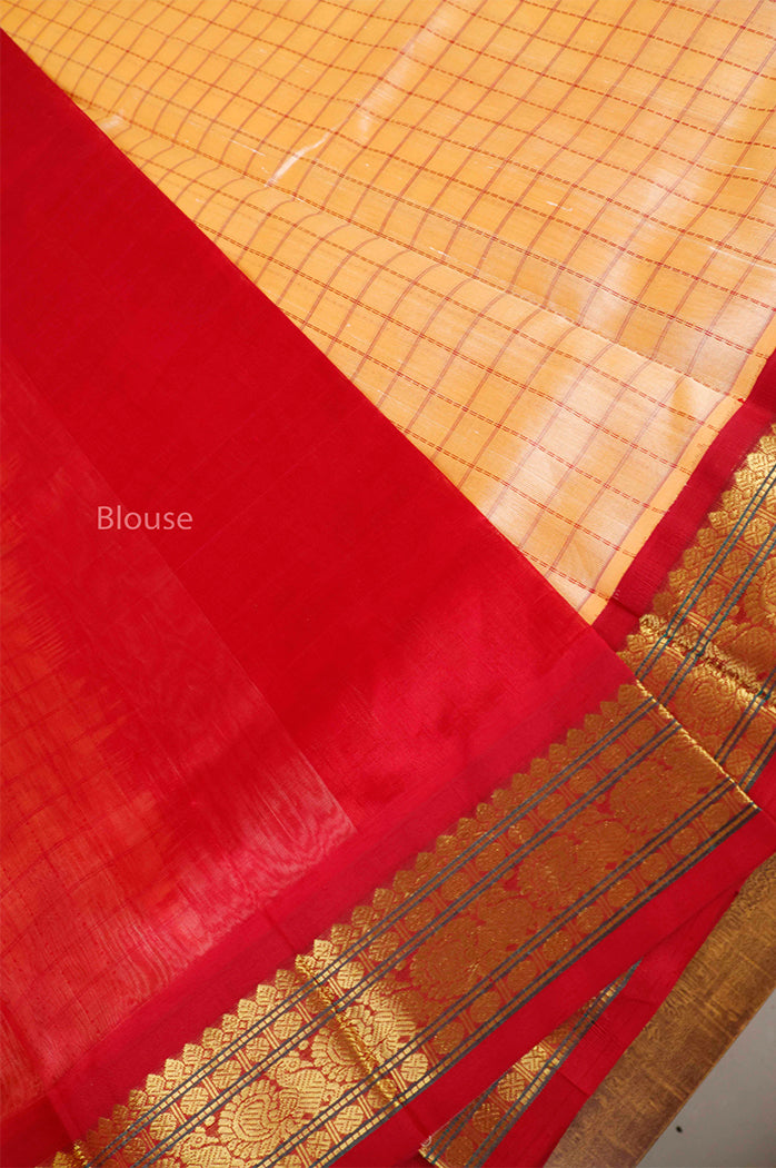Peach With Red Pure Silk Cotton Saree