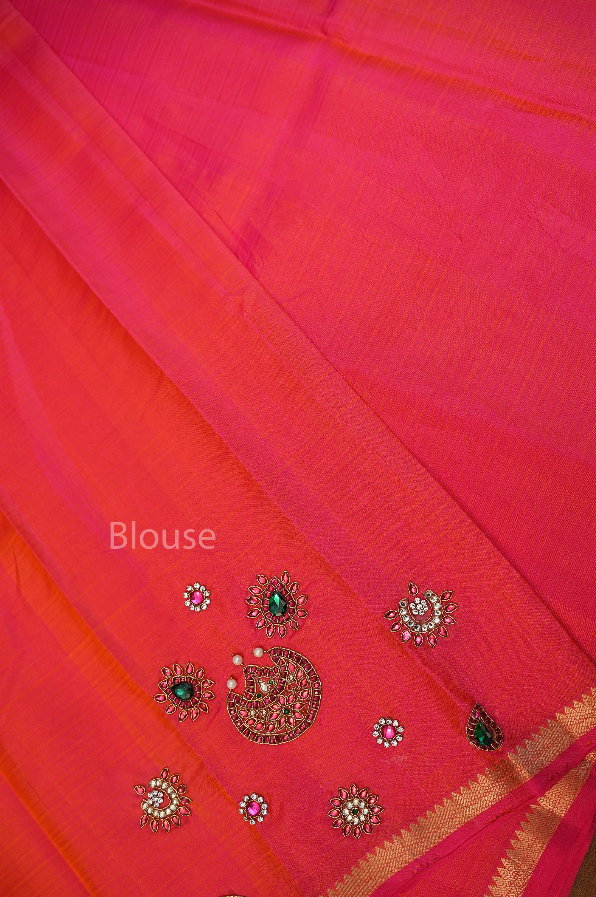 Pinkish Orange Designer Silk Saree