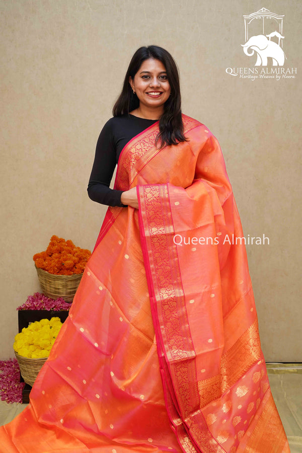 SUNRISE ORANGE KATAN HANDLOOM PURE CHANDERI SILK SAREE - Queens Jewel Emporium