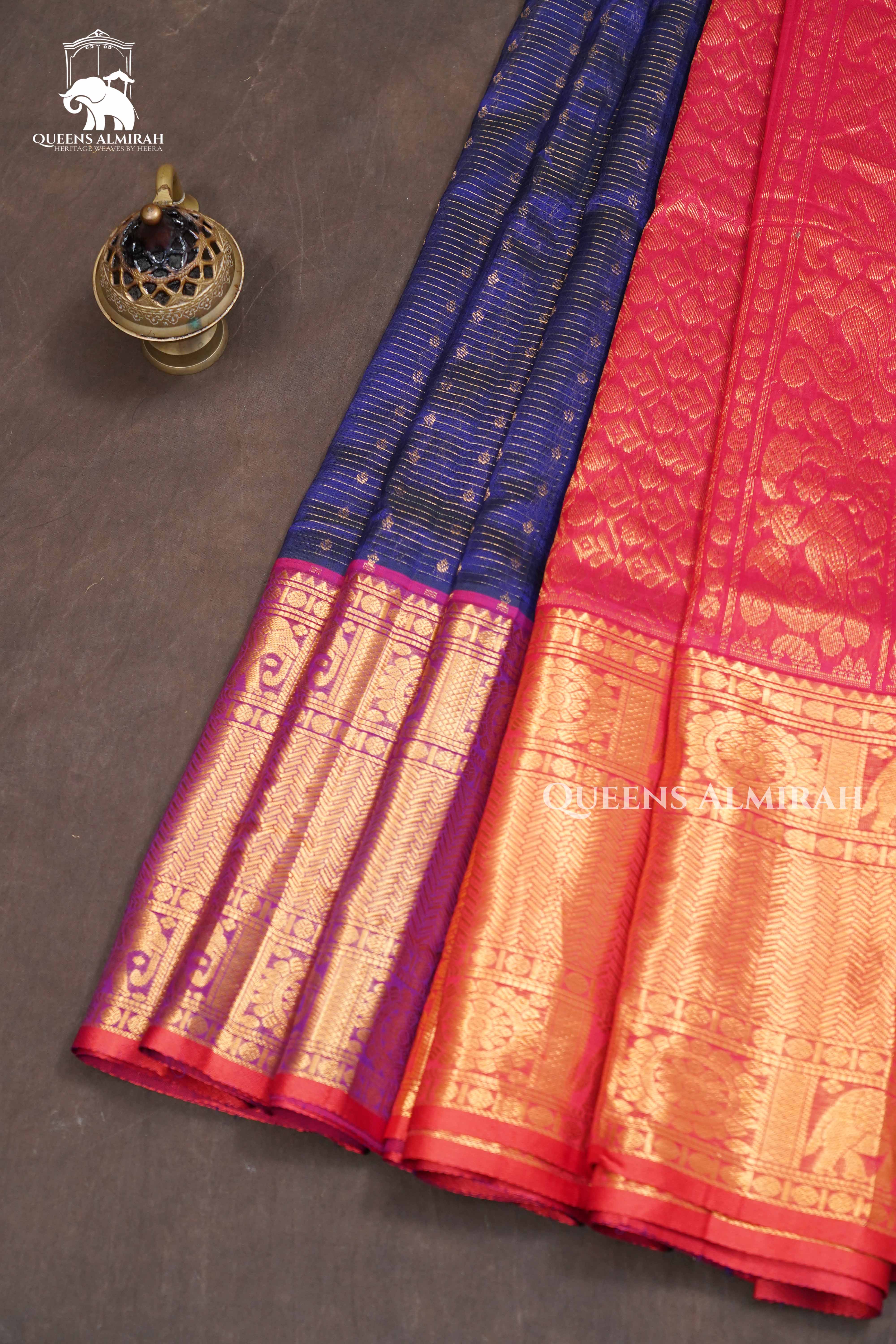 Dark Navy Blue With Red Pure Silk Cotton Saree