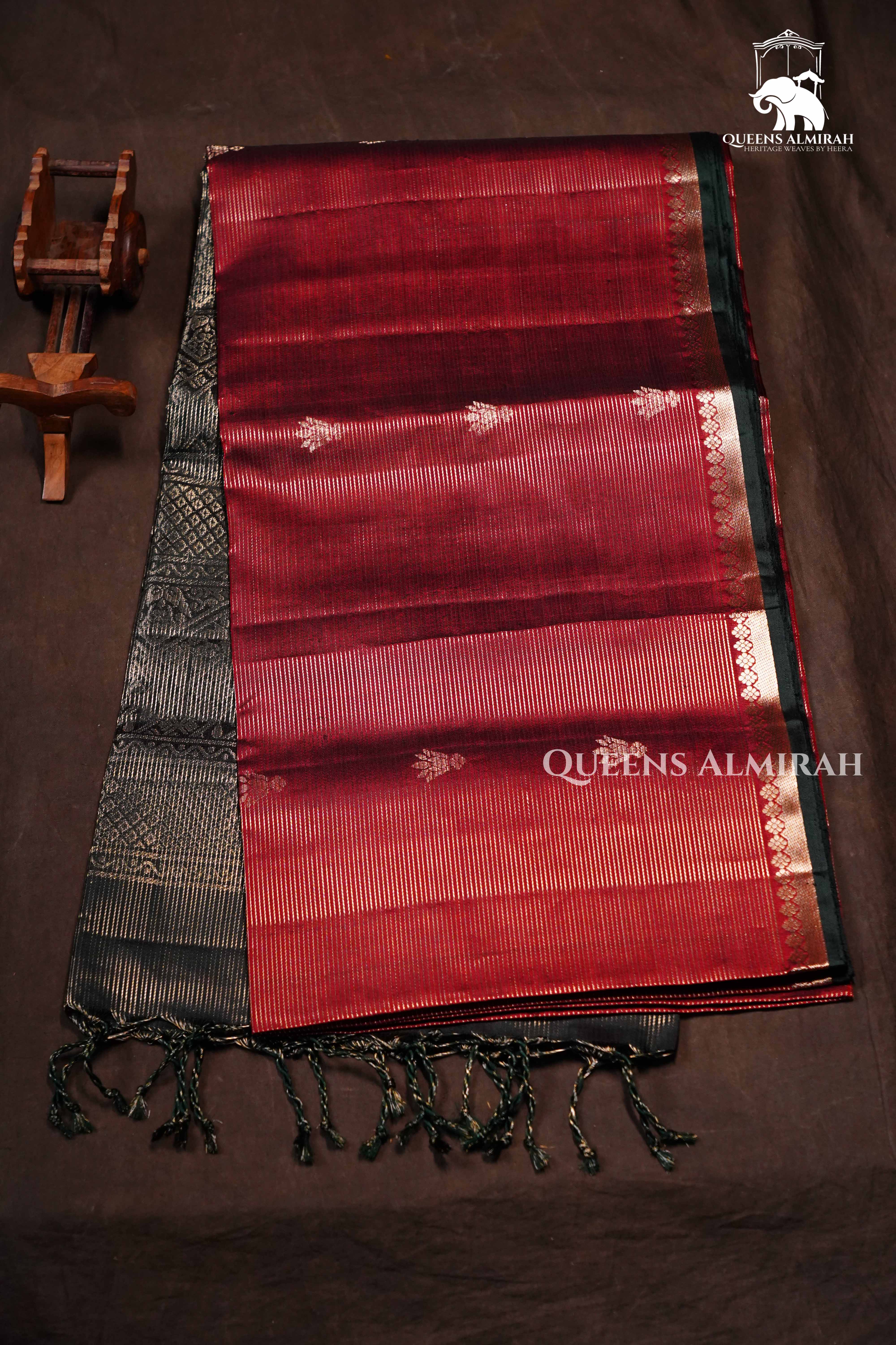 Red Brown With Dark Green Pure Soft Silk Saree