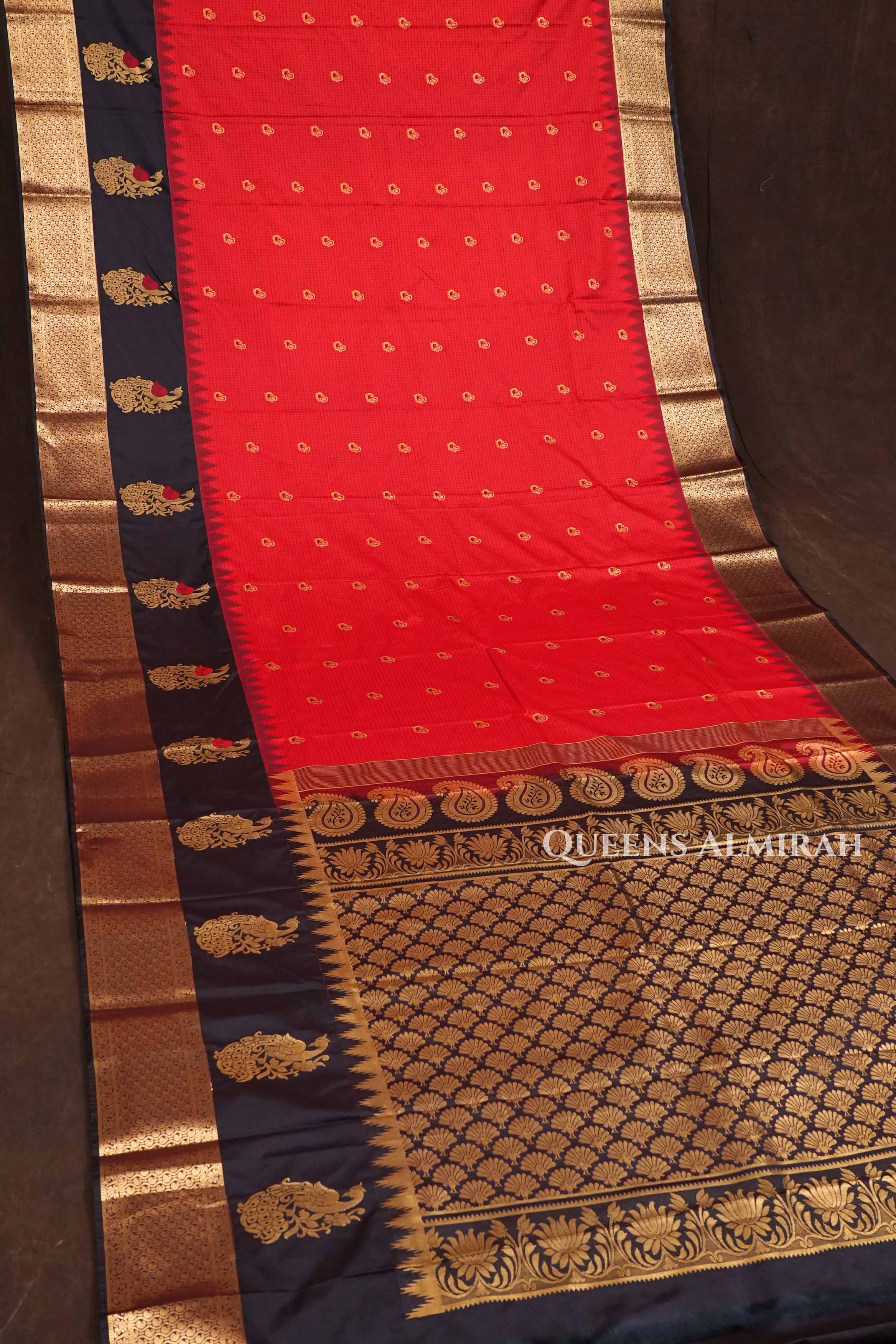 Dark Orange with Black Semi Gadwal Silk Saree