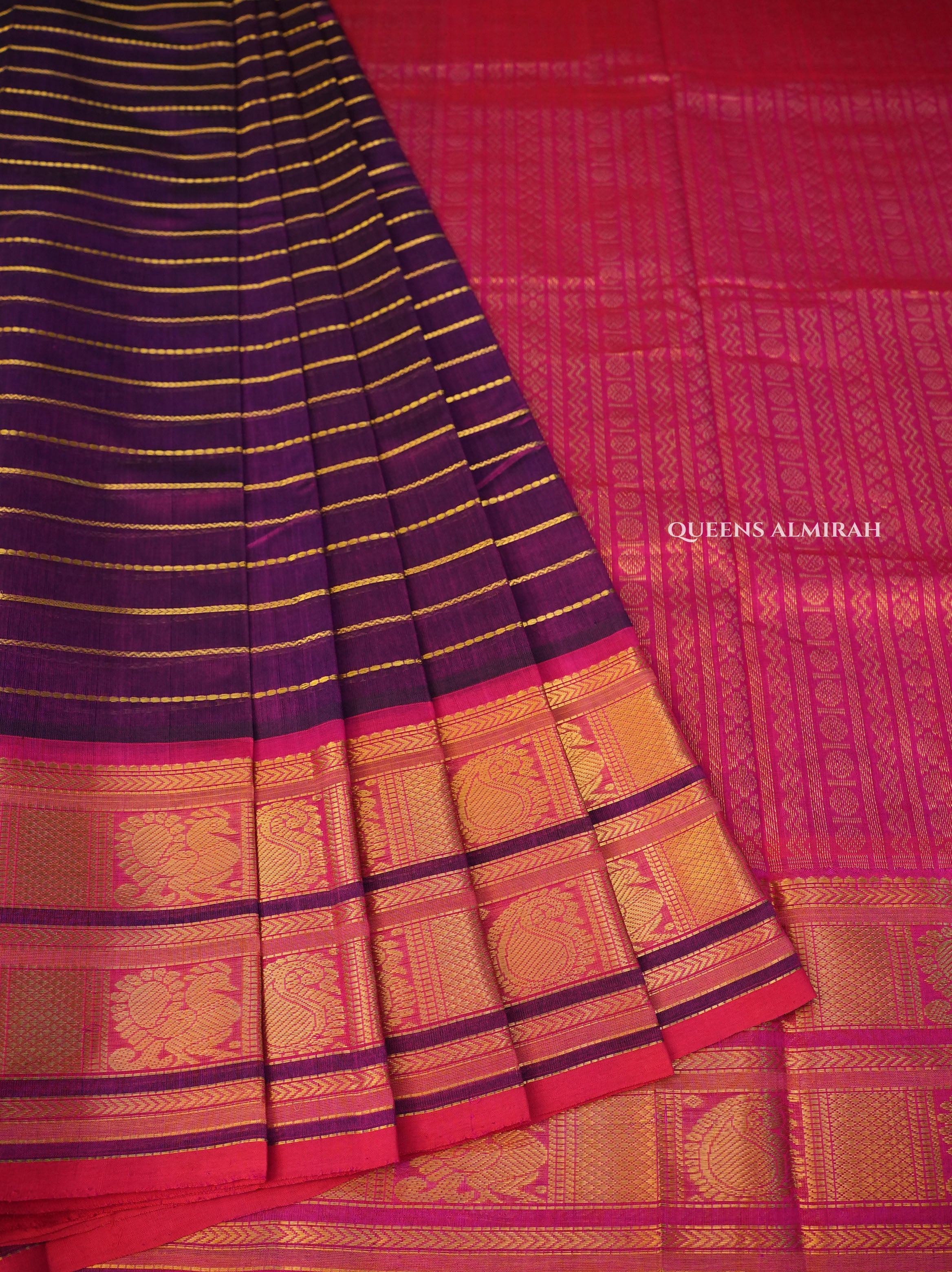 Egg Plant Purple With Rani Pink Pure Silk Cotton Saree
