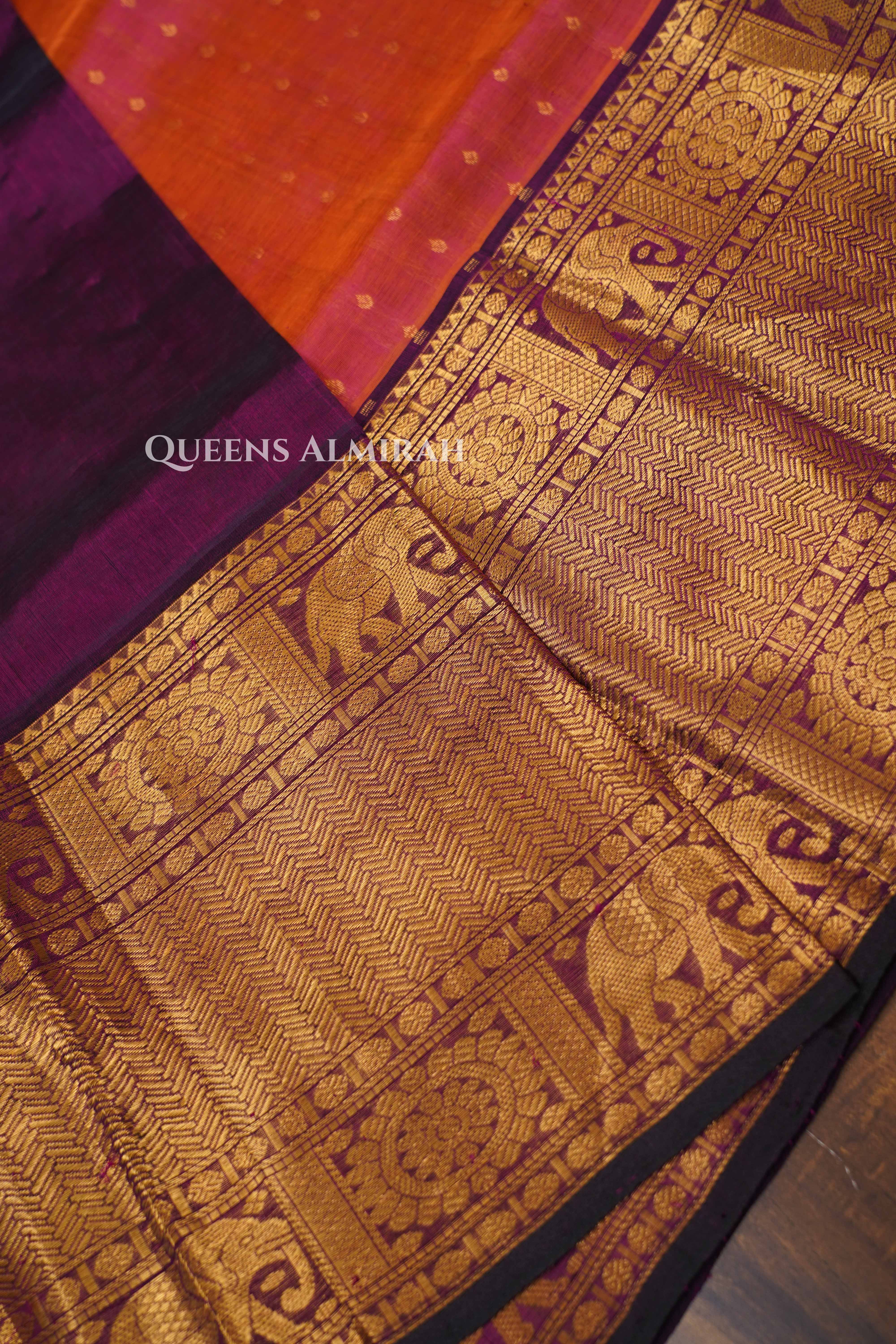 Coral Orange With Maroon Pure Silk Cotton Saree