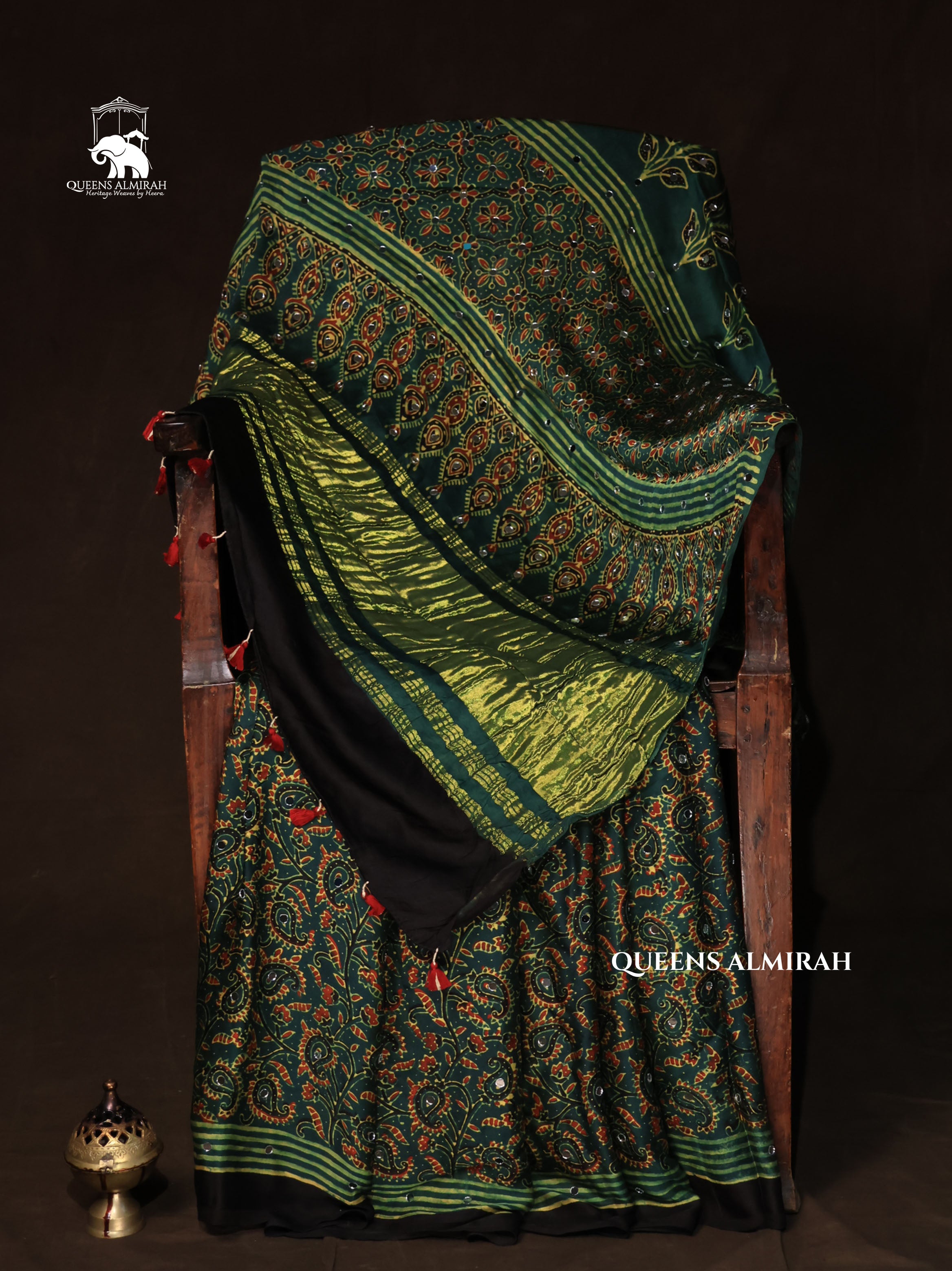 Green Mirror Work Ajrakh Modal Silk Saree