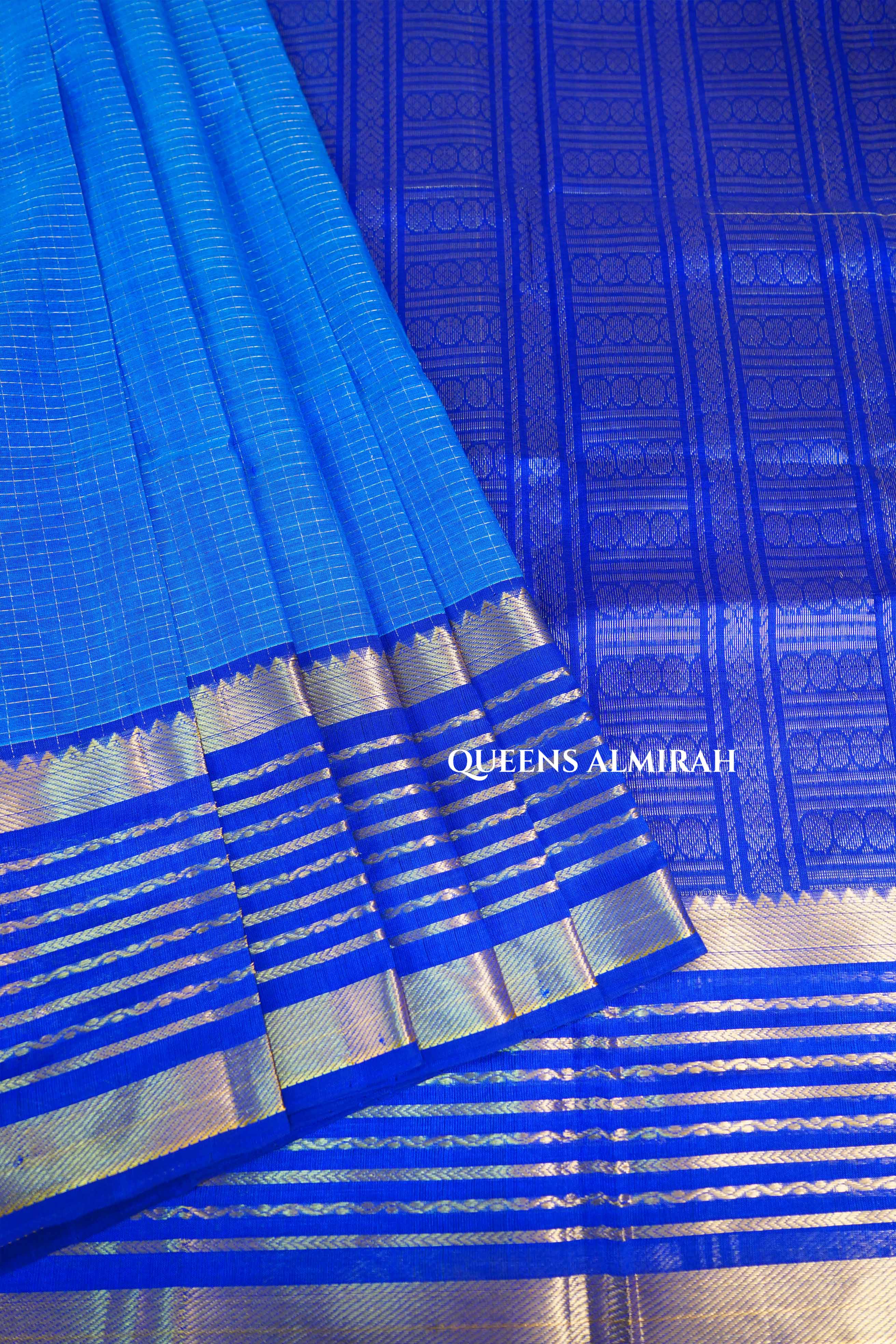 Sea Blue Kattam With Blue Varisapet Border Pure Silk Cotton Saree