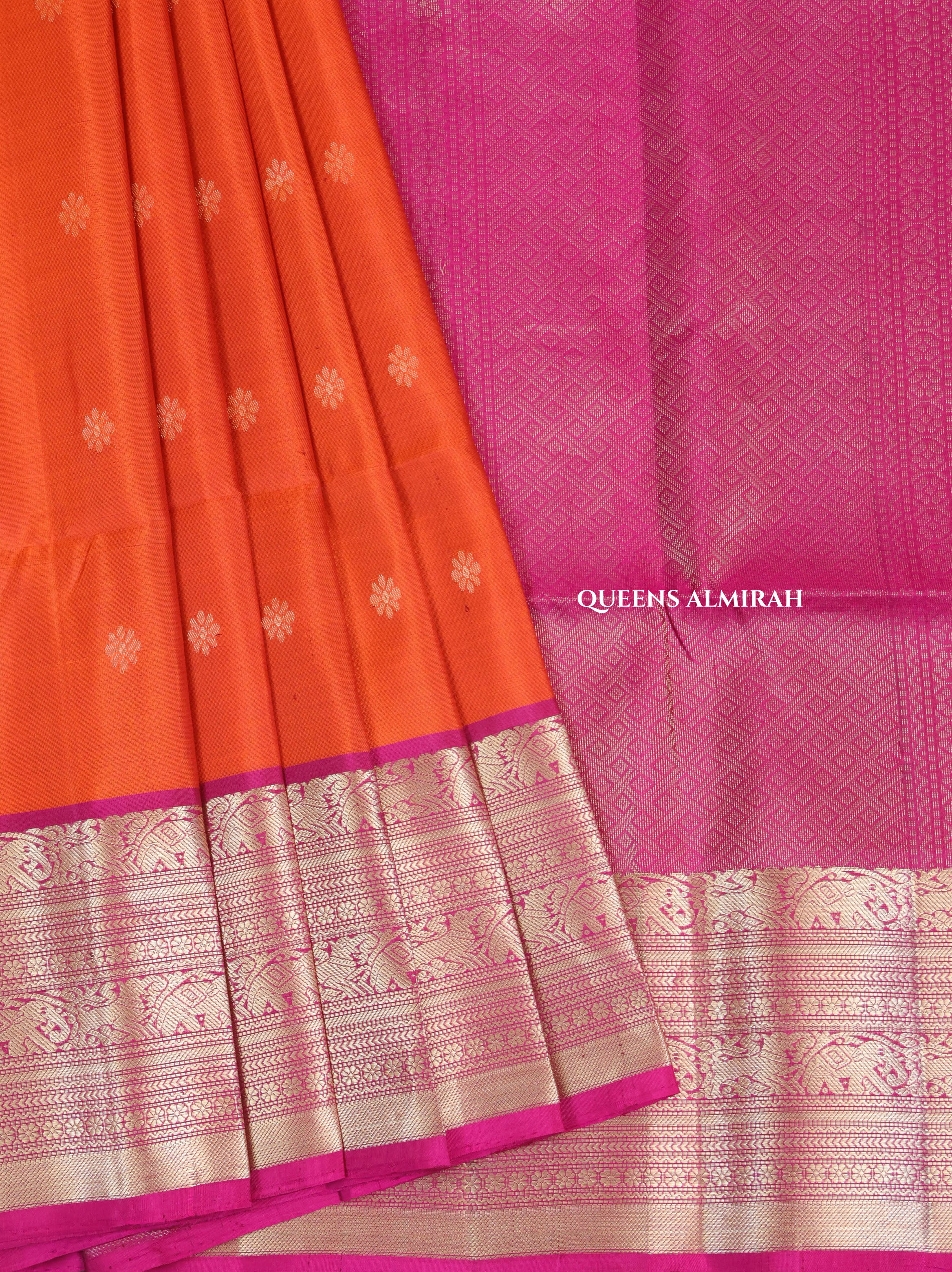 Orange With Magenta Pink Pure Soft Silk Saree