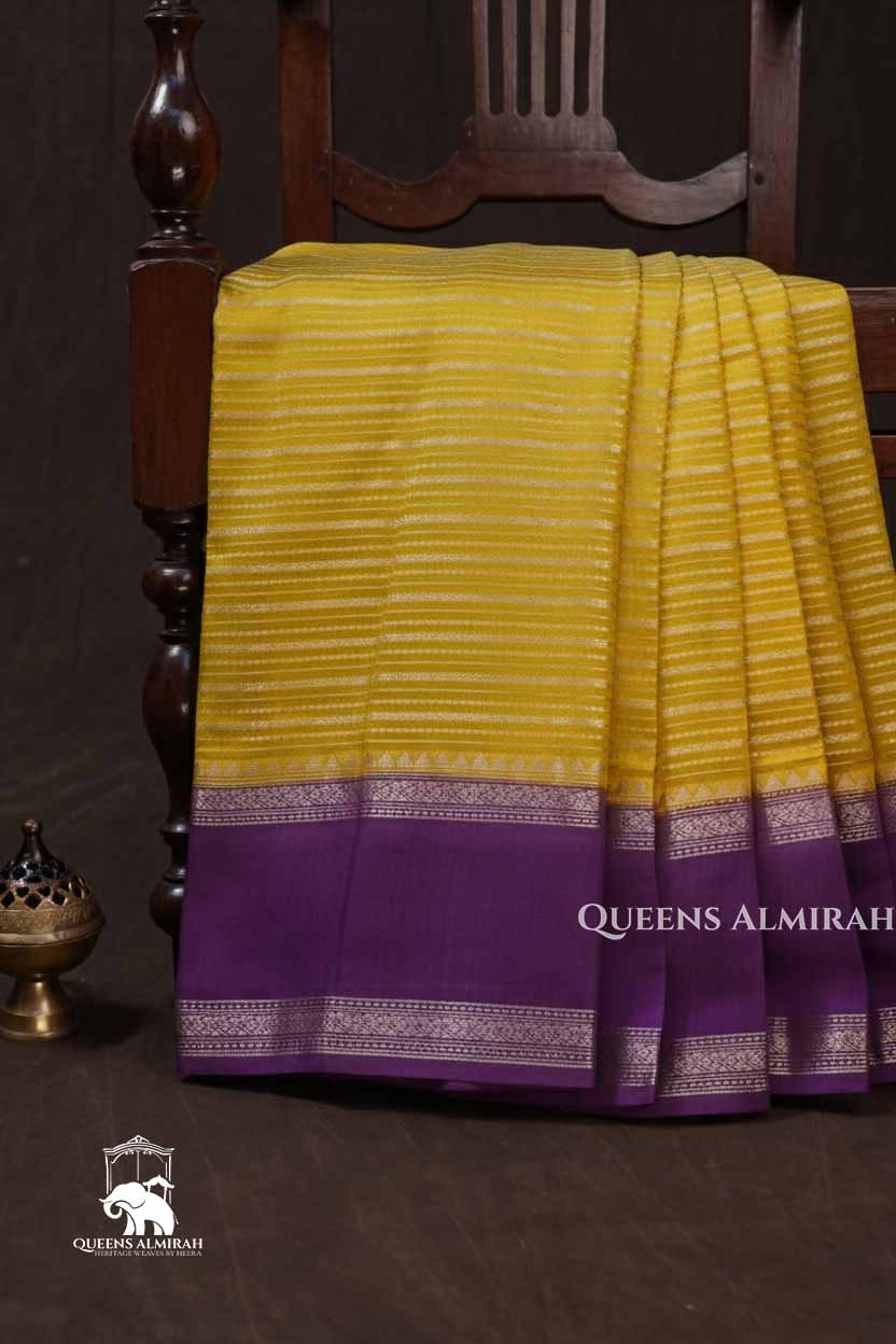Yellow With Purple Chiniya Silk Saree