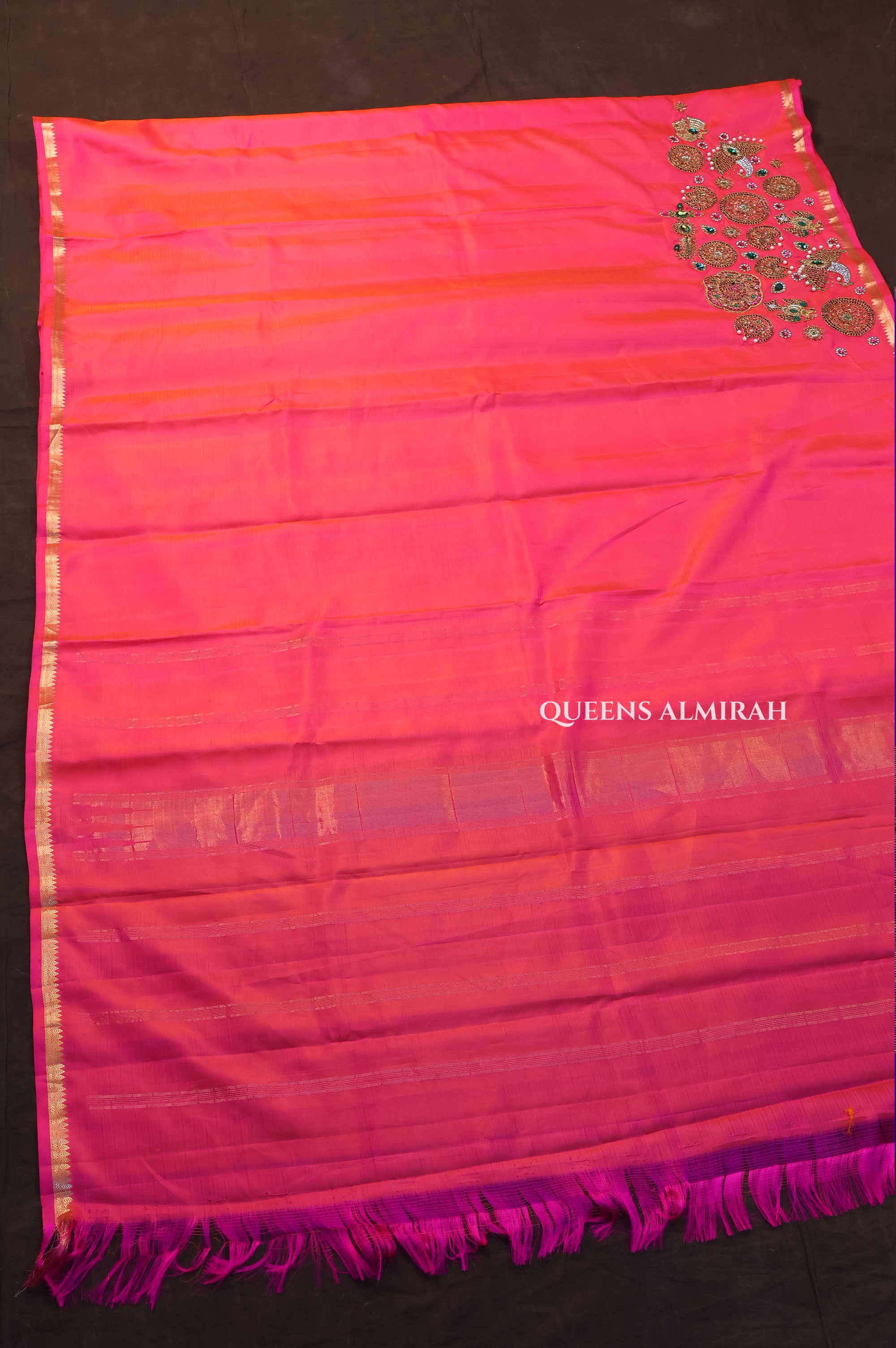 Pinkish Orange Designer Silk Saree