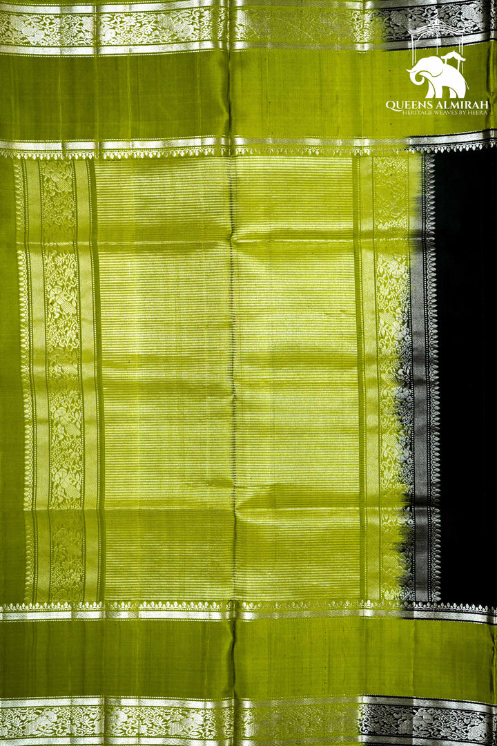 DARK BLACK WITH OLIVE GREEN SOFT SILK SAREE - Queens Jewel Emporium