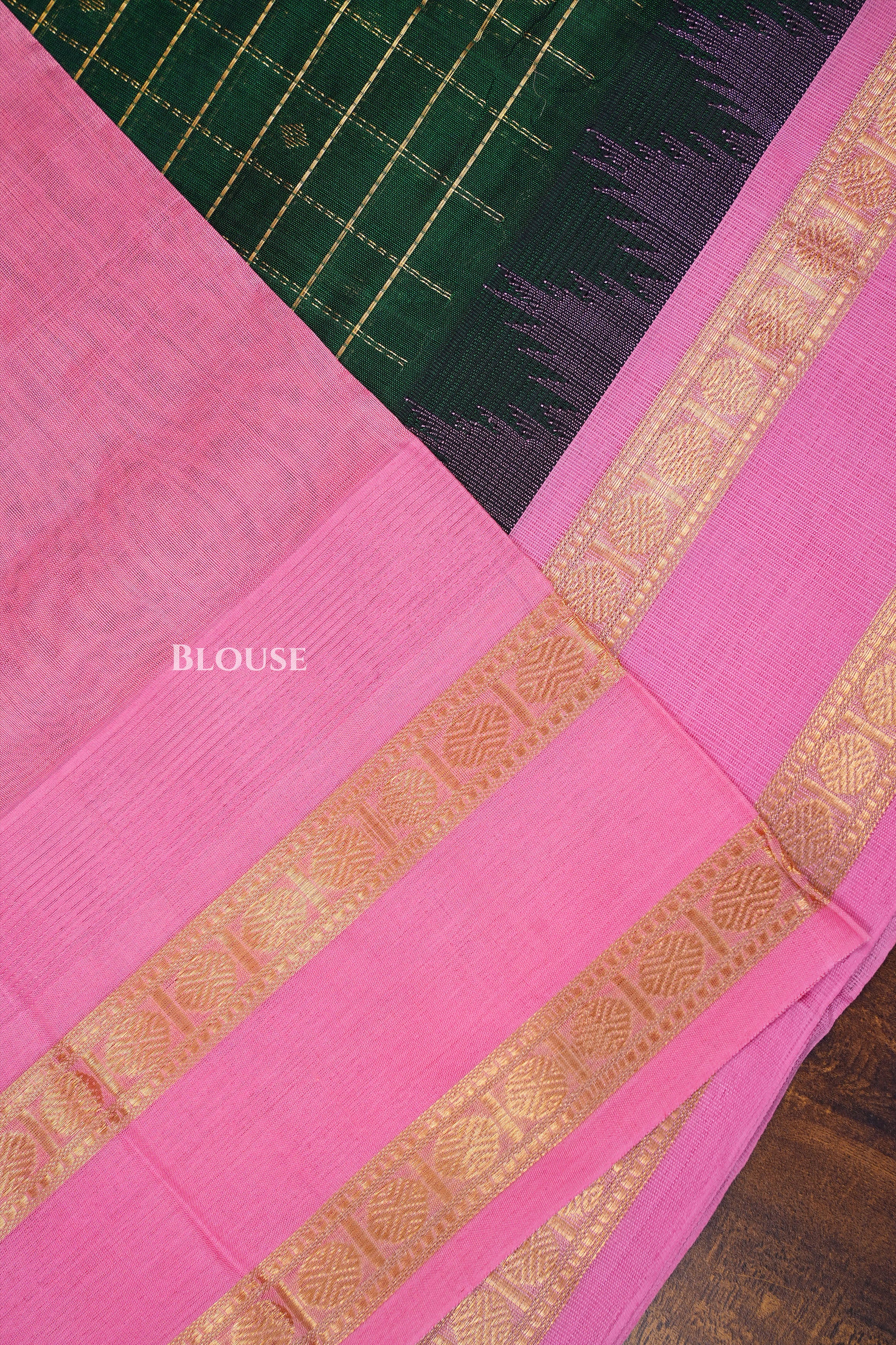 Bottle Green Kattam With Lotus Pink Pure Silk Cotton Saree