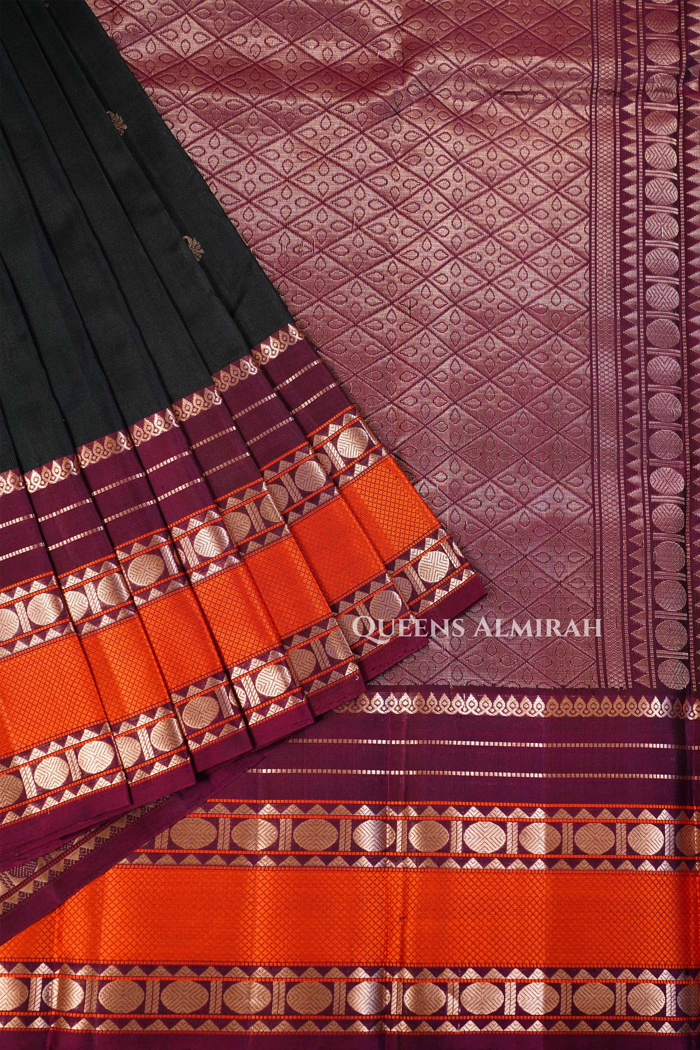 Dark Green With Maroon And Orange Border Pure Kanchivaram Silk Saree