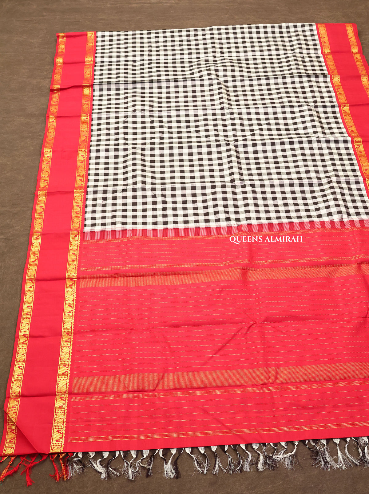 Black And White Checks With Maroon Border Pure Kanchivaram Silk Saree