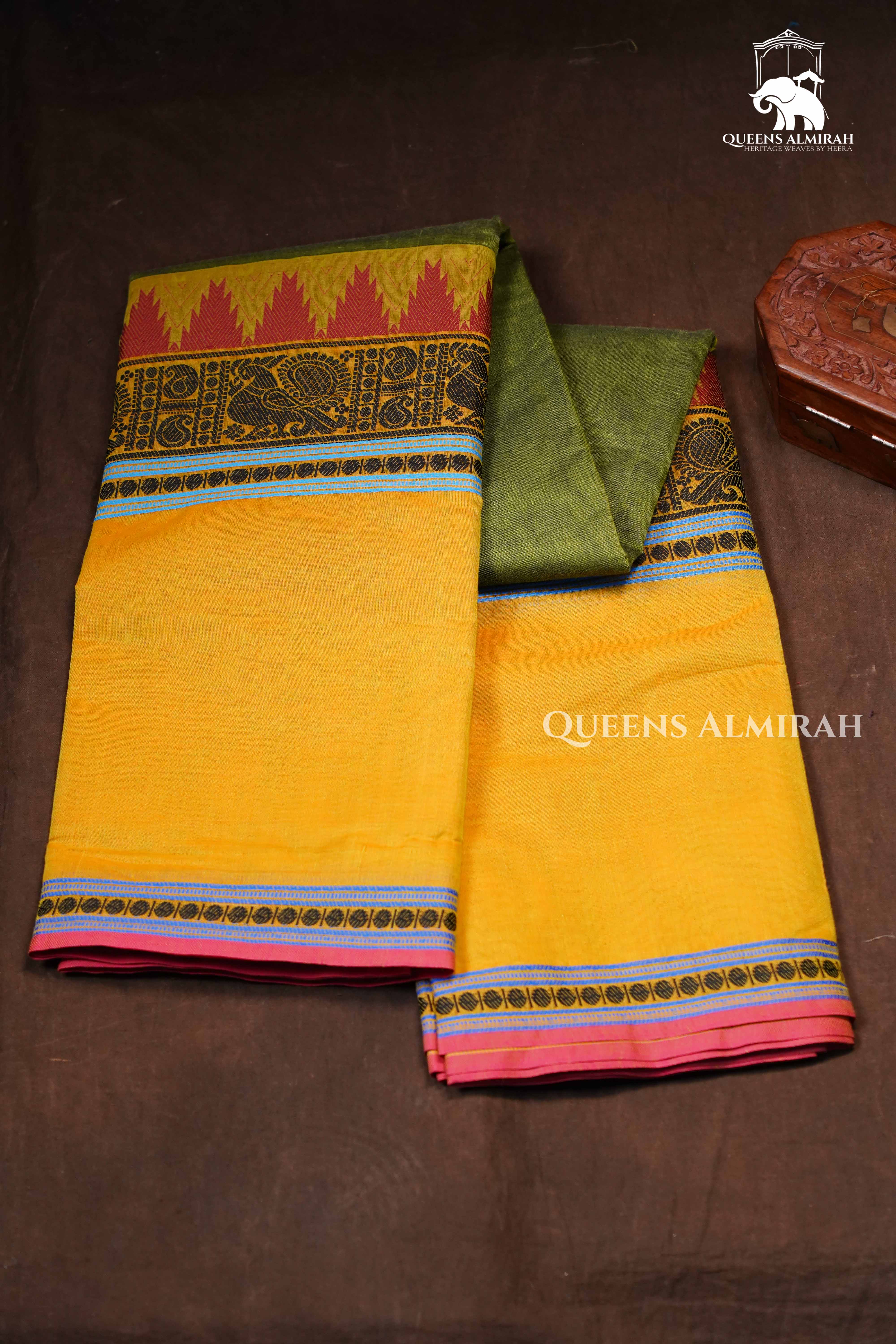 Paasa Pachai With Mustard Yellow Chettinad Cotton Saree