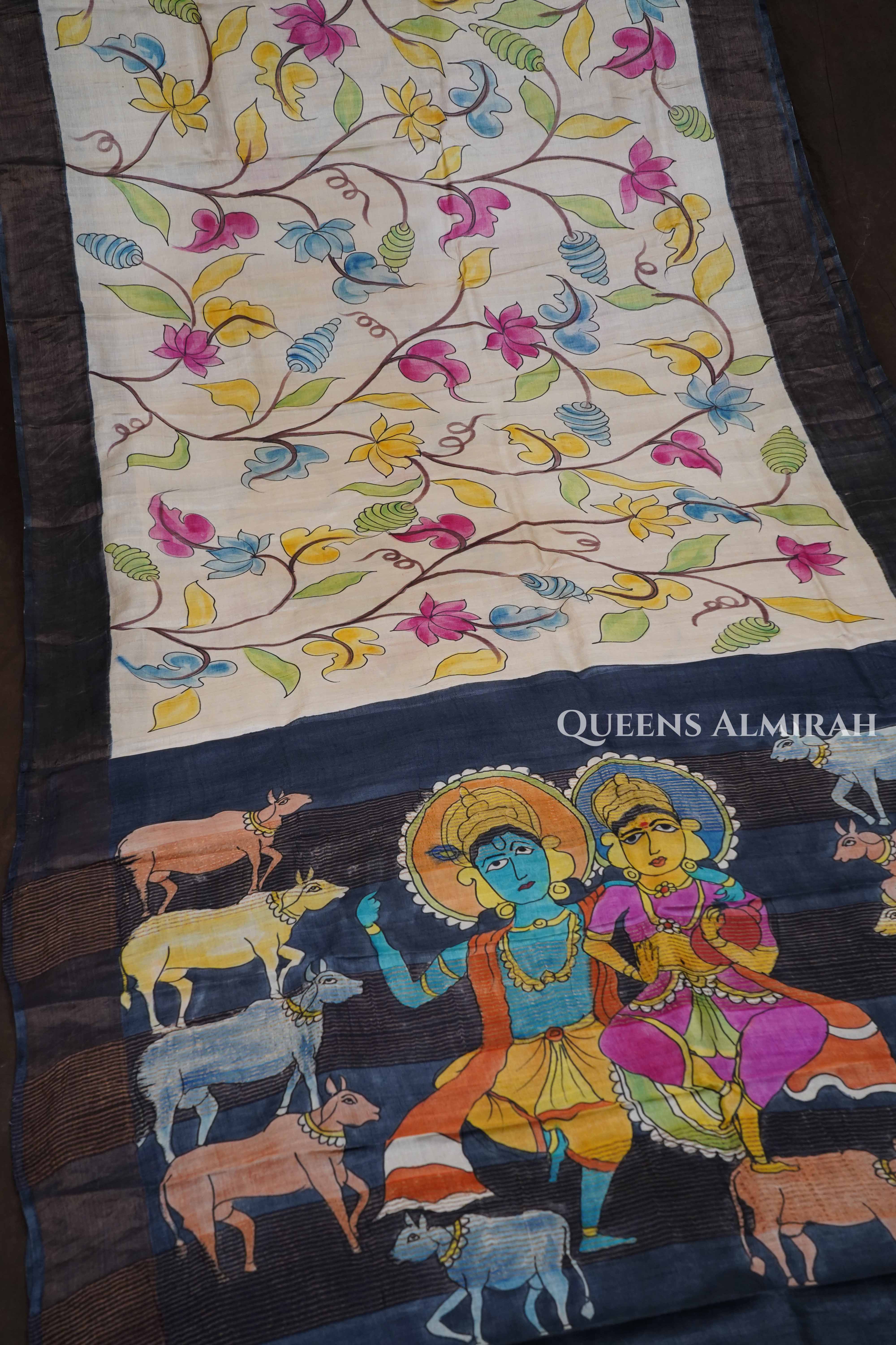 Off White Black Handpainted Pure Tussar Silk Saree