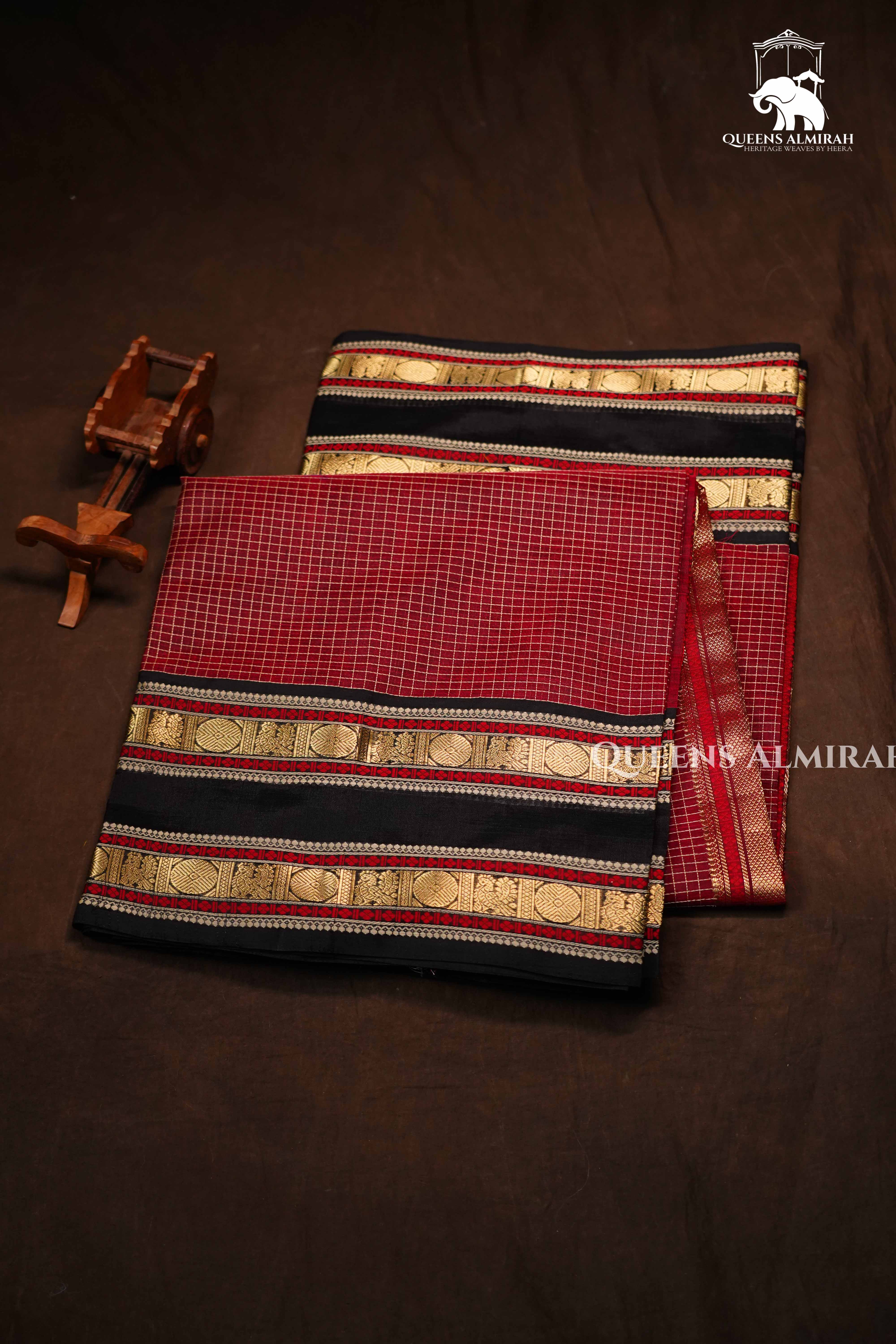 Maroon With Black -Karaikudi Chettinad Silk Cotton Saree