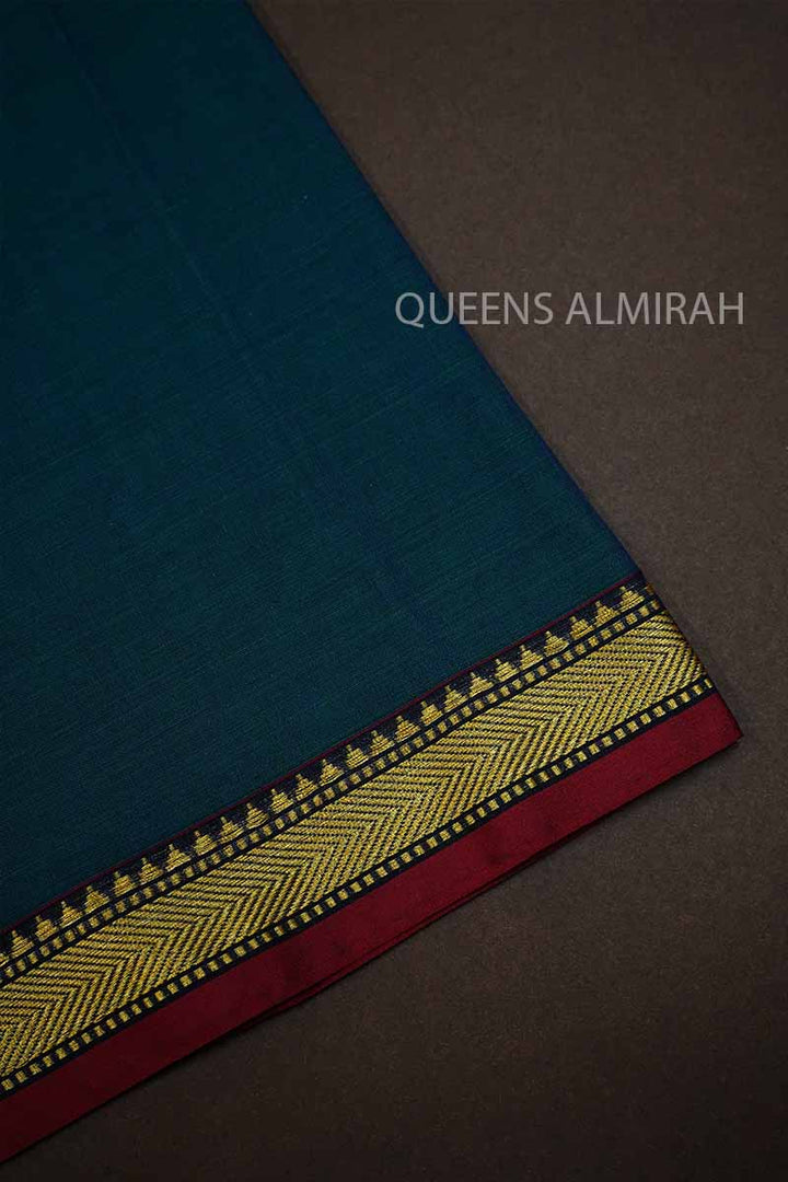 OCEAN BLUE WITH BURGUNDY THIN BORDER  NARAYANPET COTTON SAREE - Queens Jewel Emporium