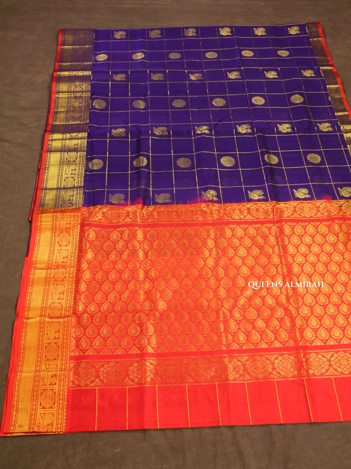 Navy Blue With Red Pure Silk Cotton Saree