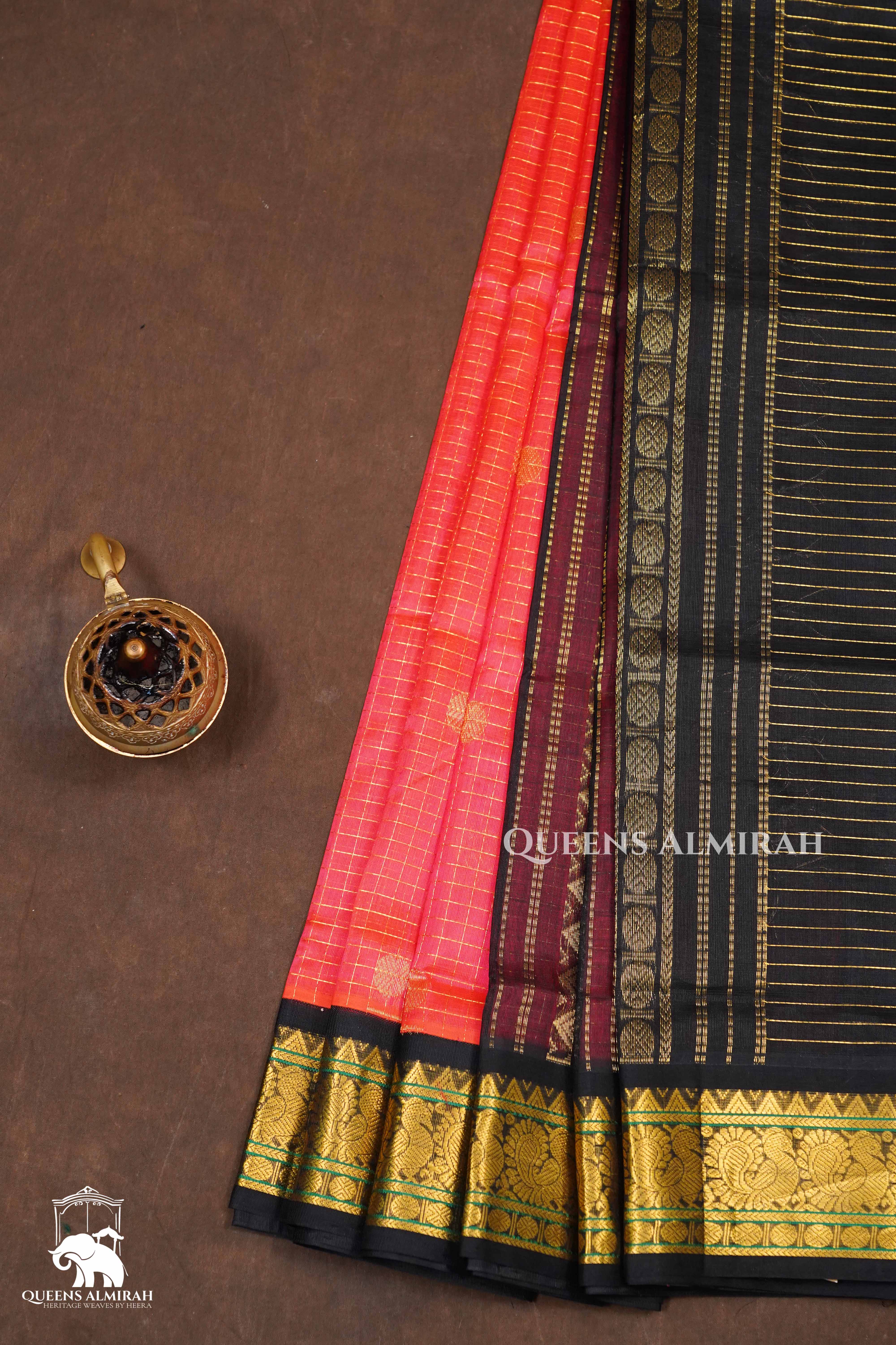 Coral Red With Black Pure Silk Cotton Saree
