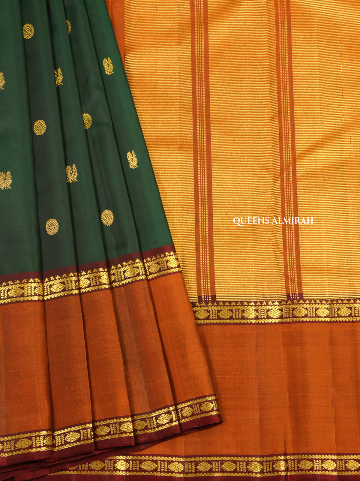 Bottle Green With Honey Brown Pure Kanchivaram Silk Saree