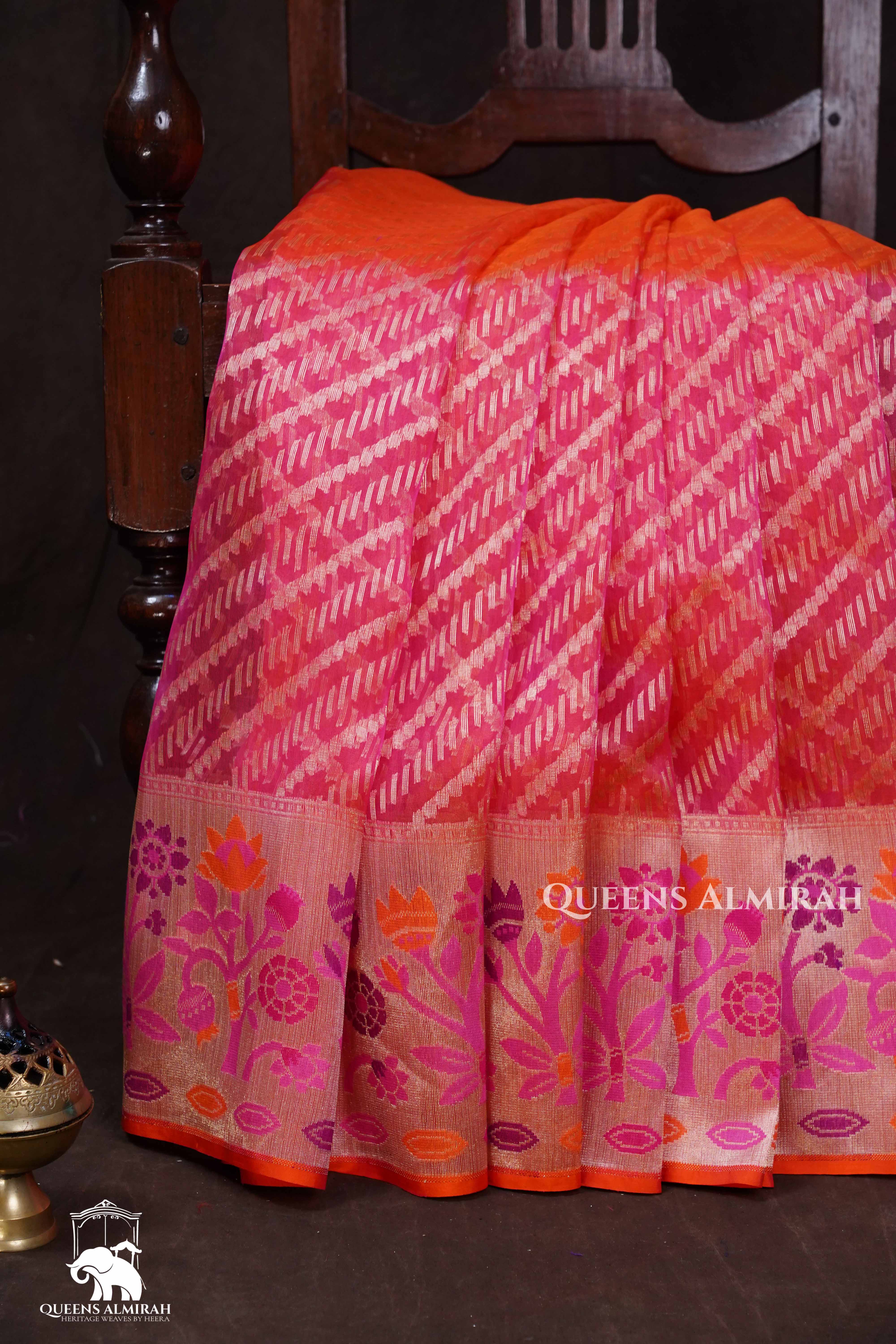 Pinkish Orange Banarasi Organza Silk Saree