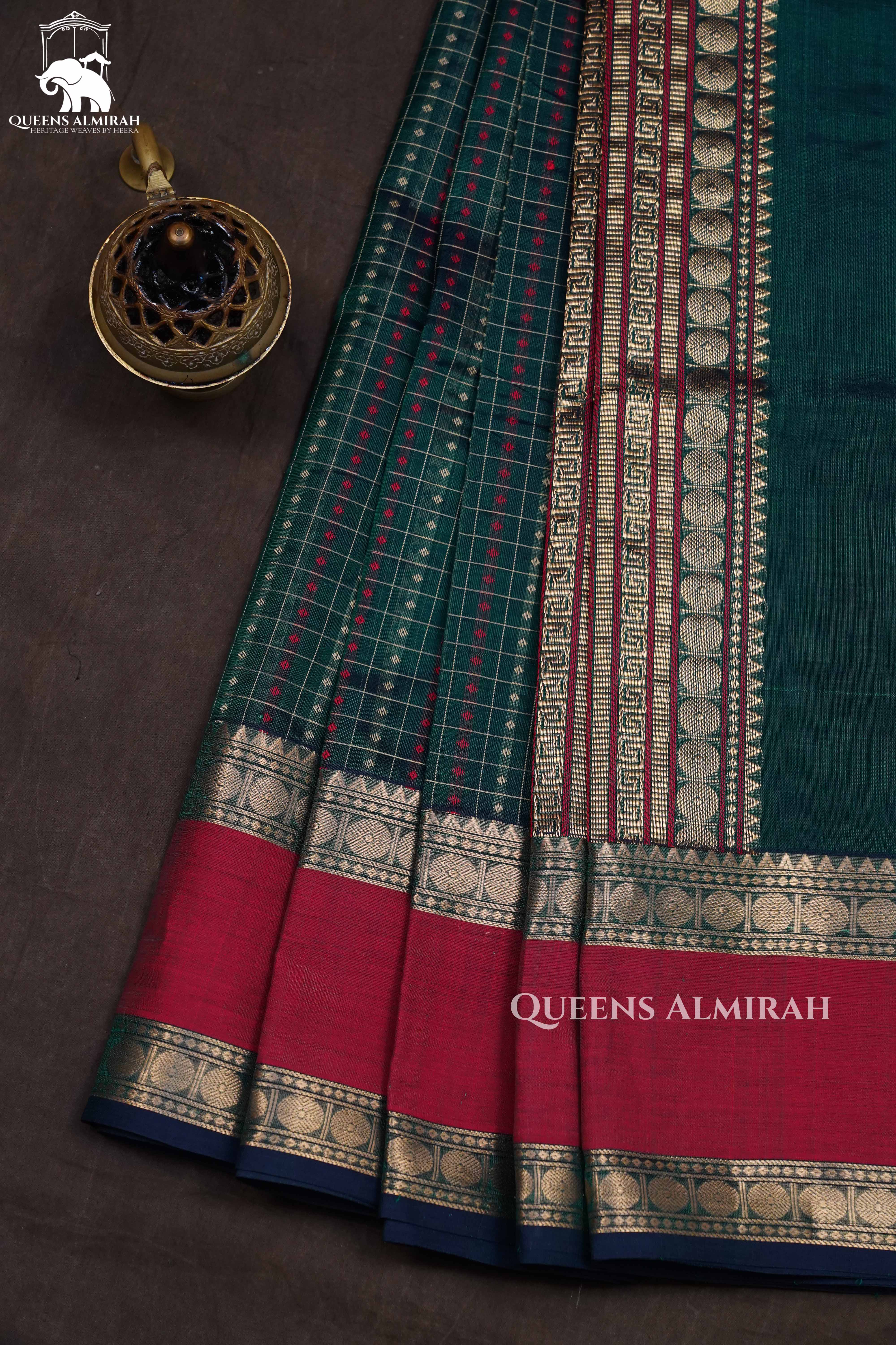 Dark Green With Burgundy Chettinad Silk Cotton Saree