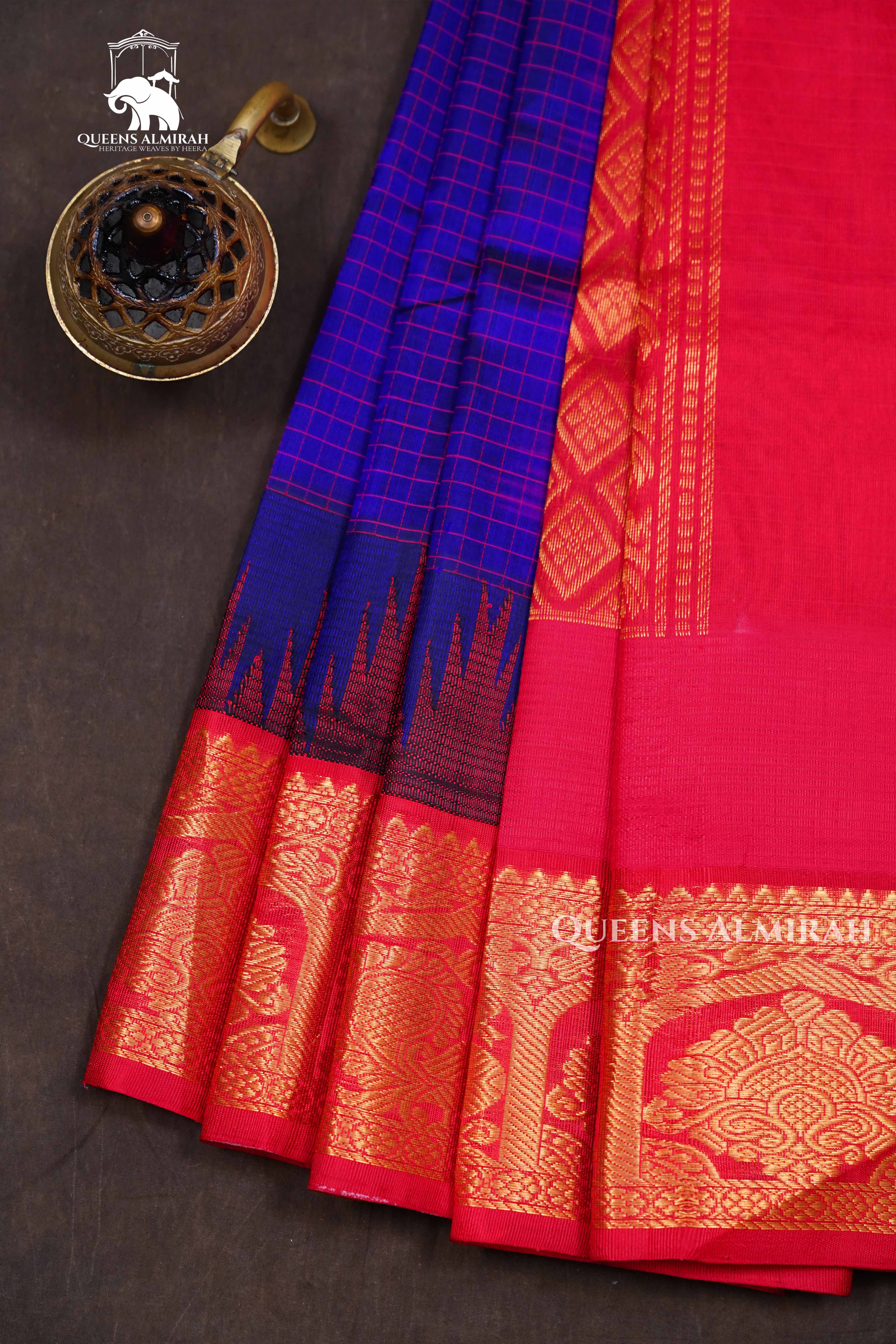 Dark Navy Blue With Red  Pure Kanchi Silk Cotton Saree