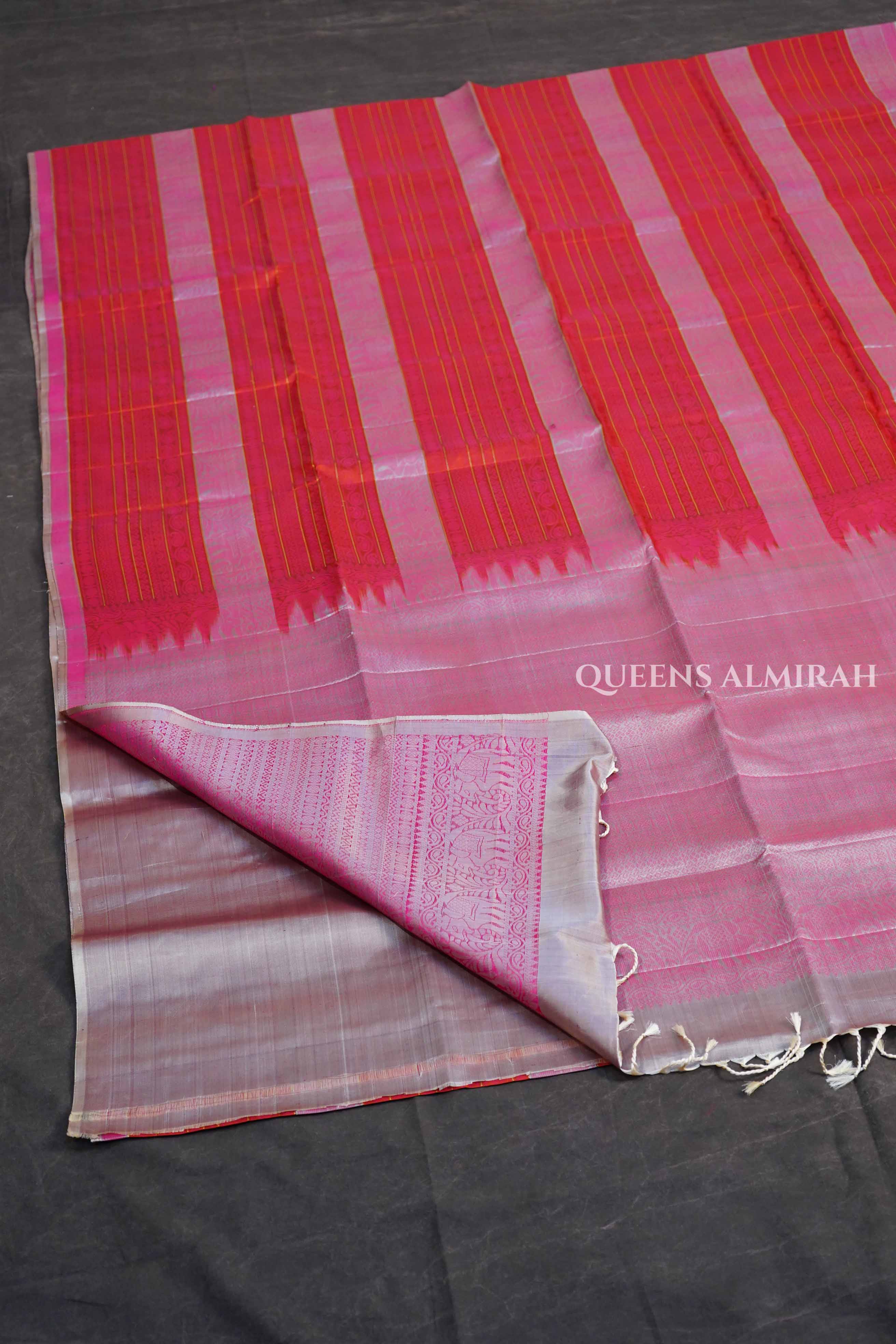 Brick Red With Grey Varisapet Pure Soft Silk Saree