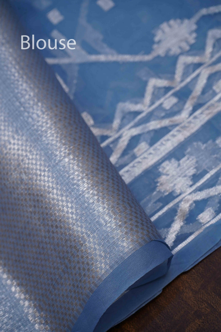 DUSKY BLUE MUSLIN JAMDANI SAREE - Queens Jewel Emporium