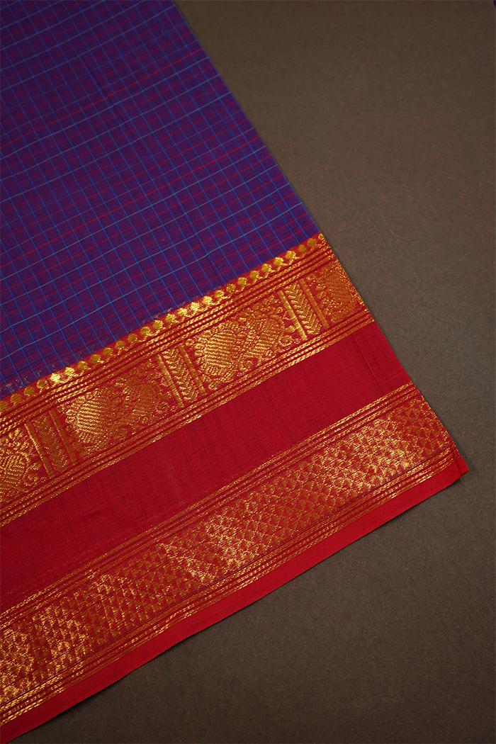 DARK LAVENDER BRICK RED GOLDEN BORDER KANCHI COTTON SAREE - Queens Jewel Emporium