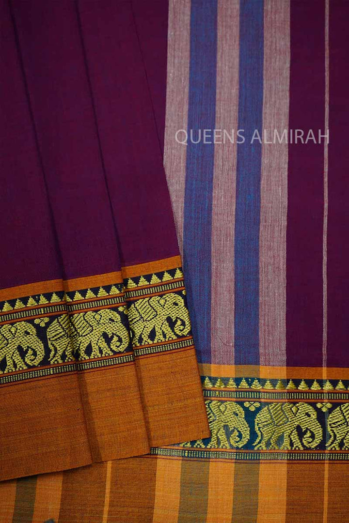 PLUM PURPLE WITH BURNT ORANGE BORDER NARAYANPET COTTON SAREE - Queens Jewel Emporium