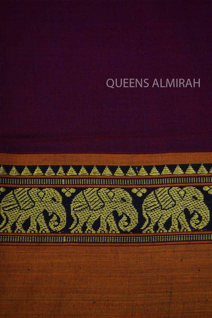 PLUM PURPLE WITH BURNT ORANGE BORDER NARAYANPET COTTON SAREE - Queens Jewel Emporium