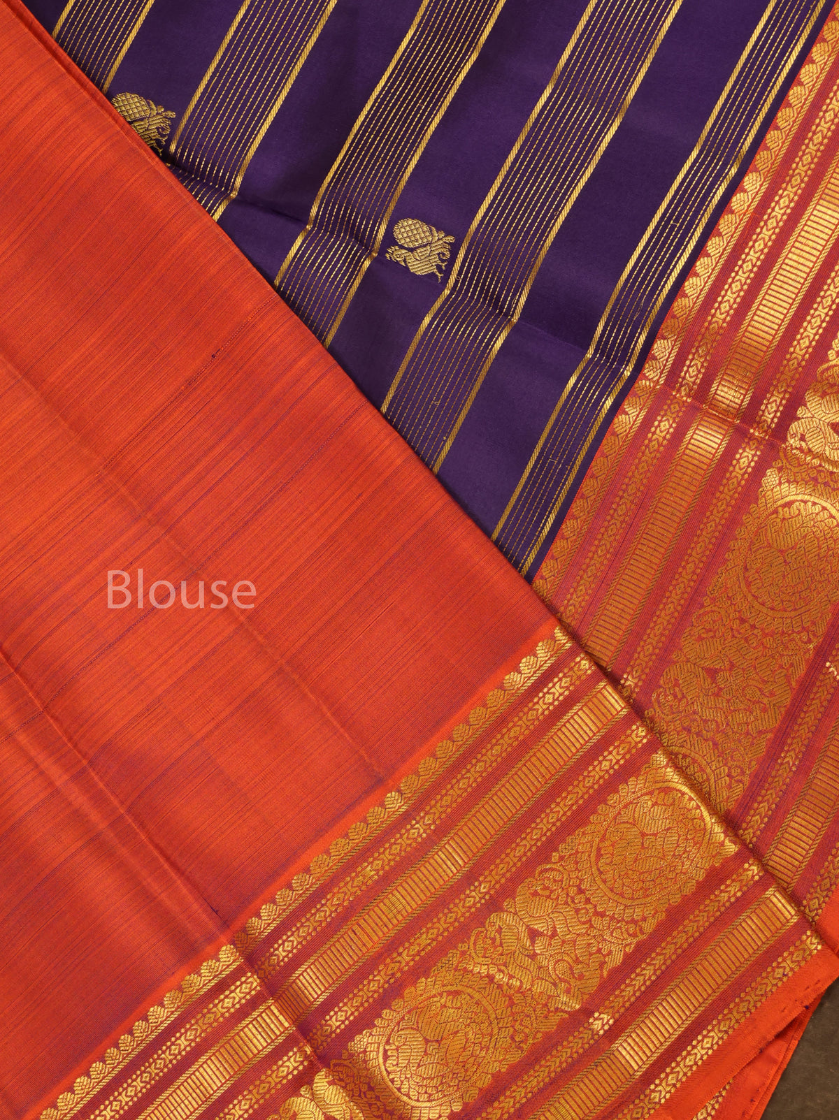 Navy Blue With Orange Pure Kanchivaram Silk Saree