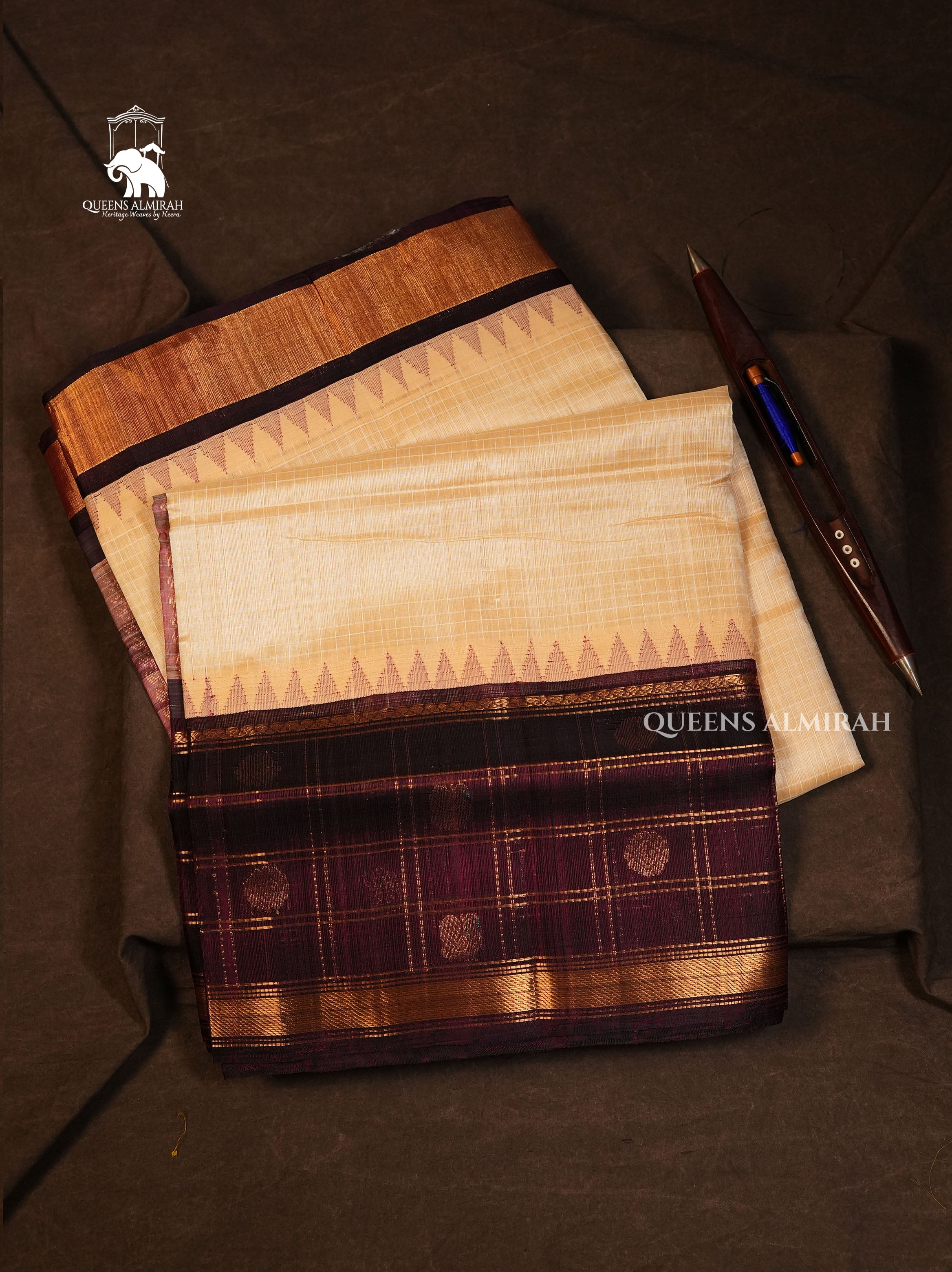 Off White White With Brown Pure Silk Cotton Saree