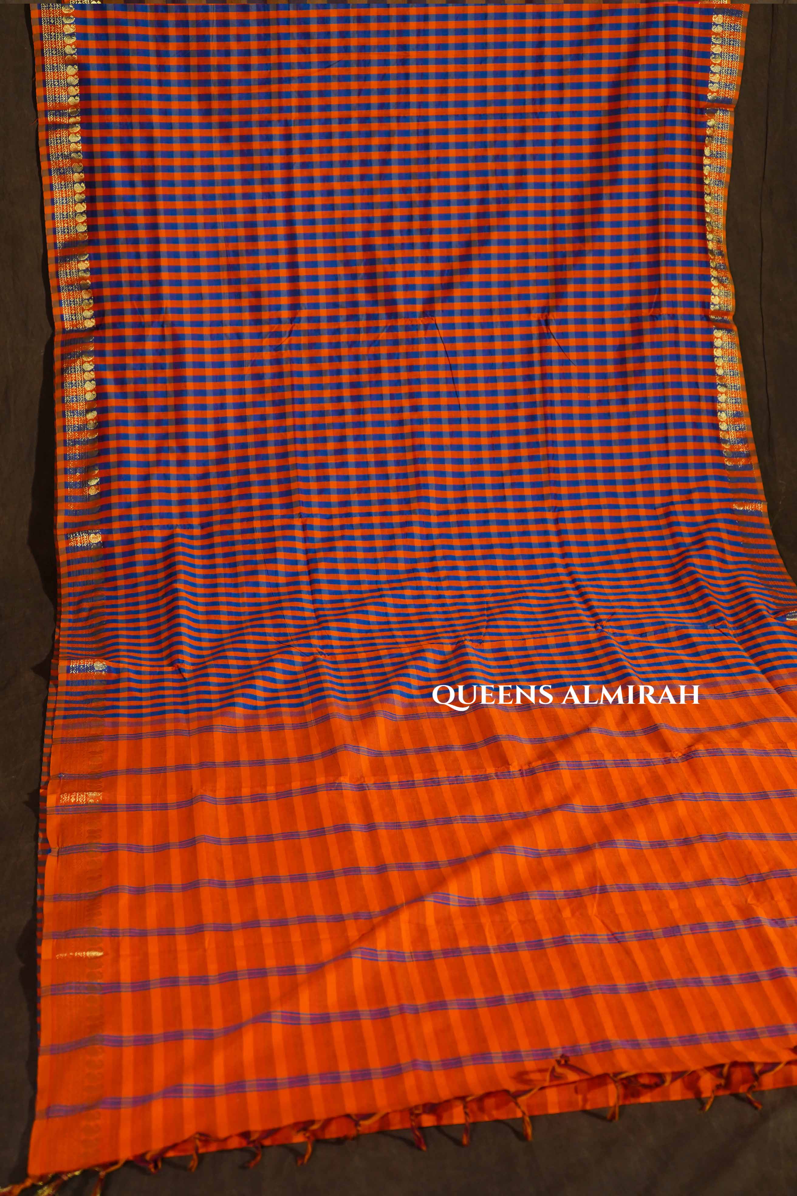 Yellow With Blue Checks Semi Silk Cotton Saree
