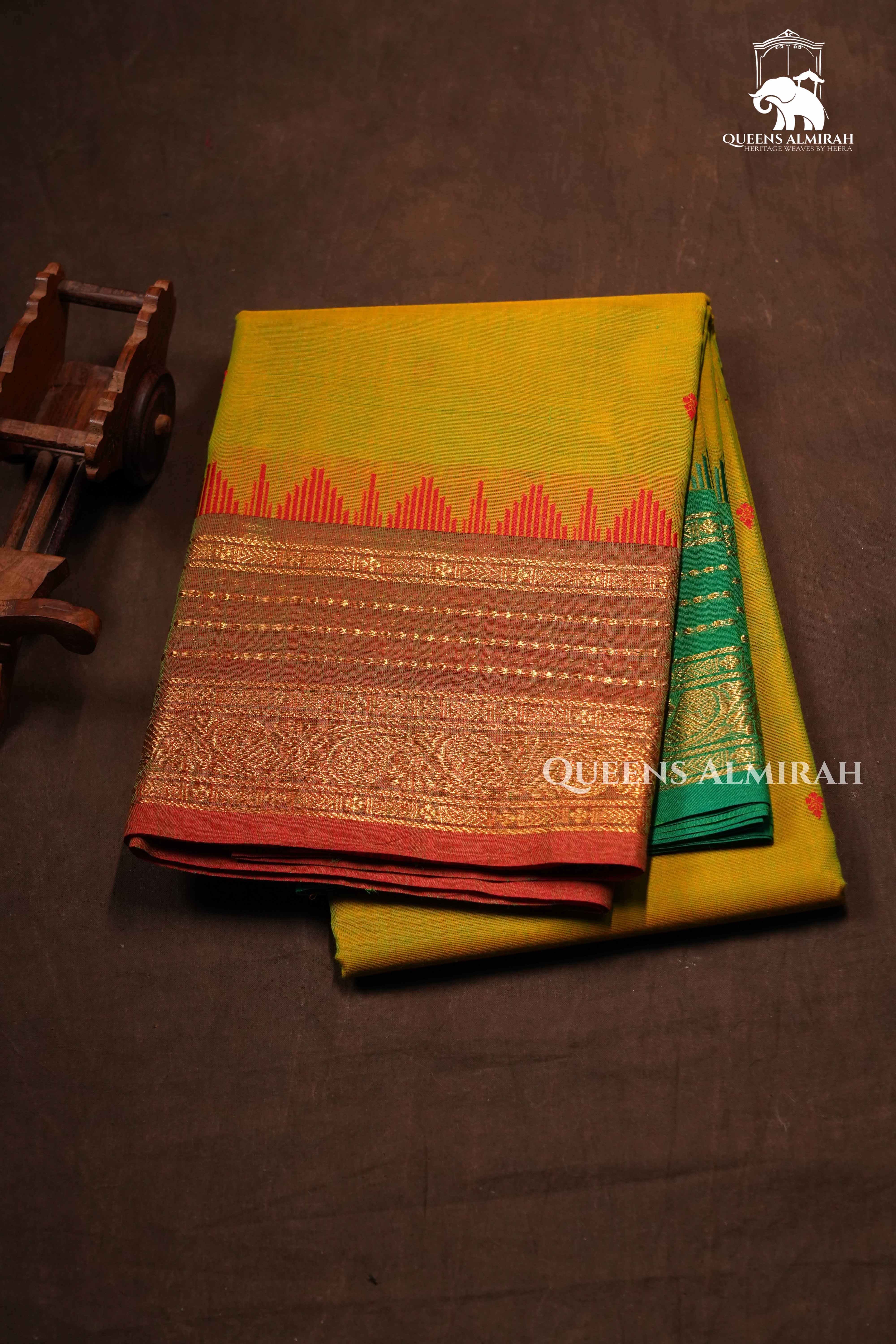 Yellow Green With Red Kanchi Cotton Saree