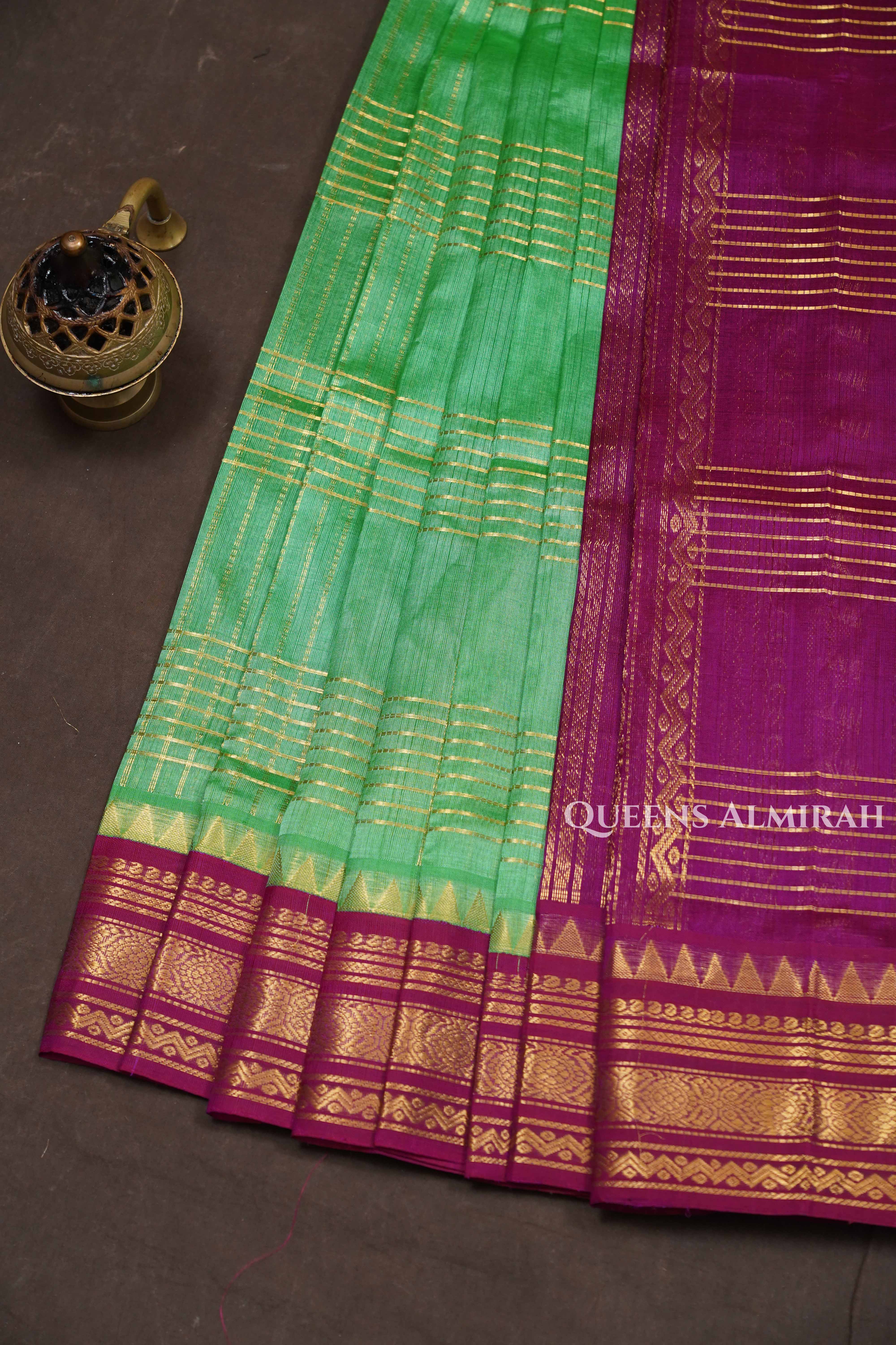 Mint Green With Purple Pure Silk Cotton Saree